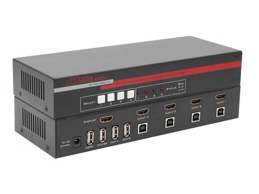 Hall Research KVM-HDU-4-X 4-Port HDMI KVM Switch with USB 2.0 and 4K Video Support w/o accessories w/3-Yr Warranty