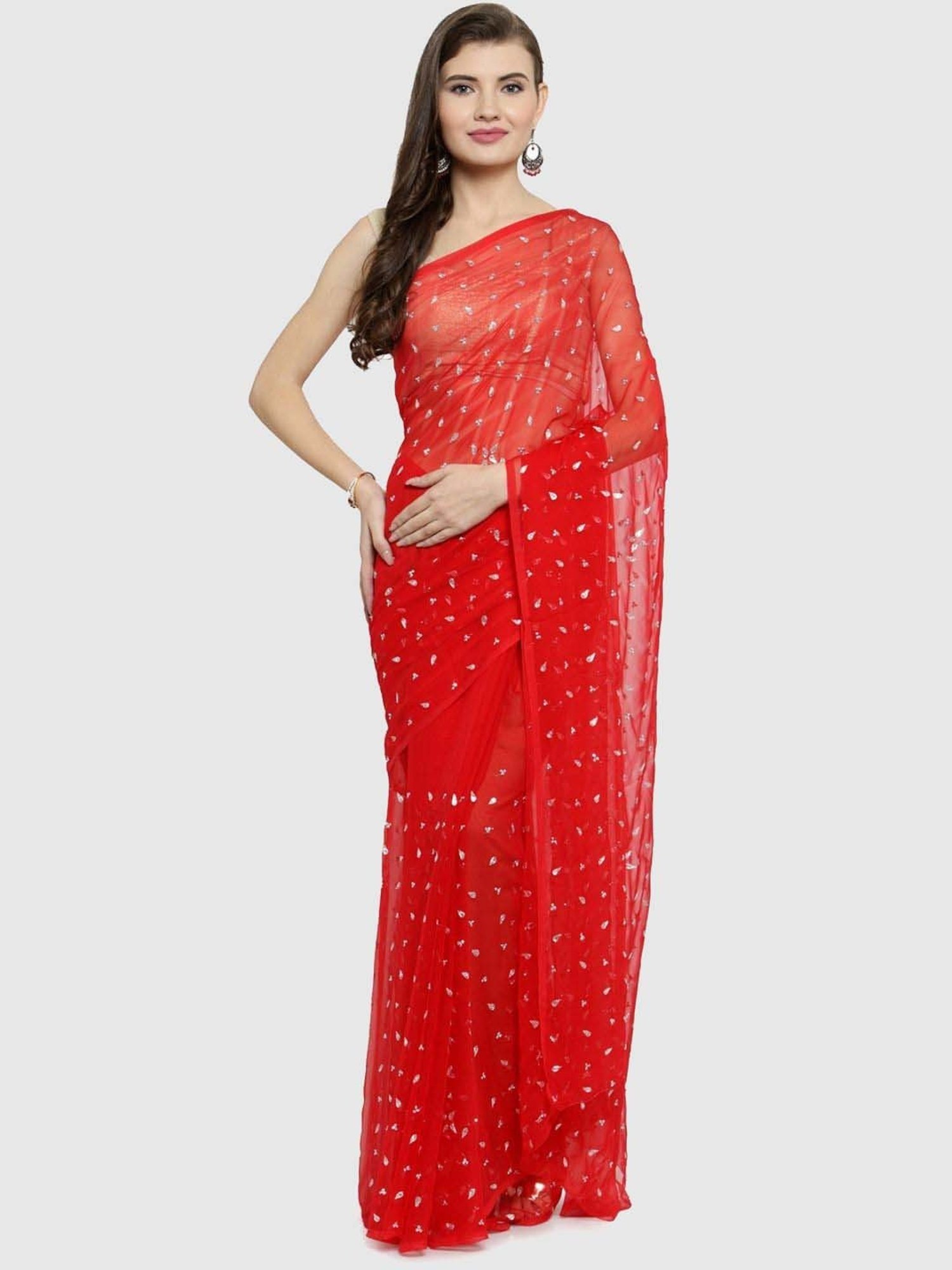 Geroo Jaipur Red Embellished Saree With Unstitched Blouse