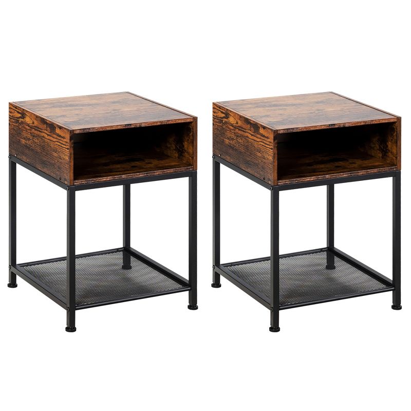 Costway Set of 2 Industrial Nightstand End Side Table W/ Compartment & Mesh Shelf