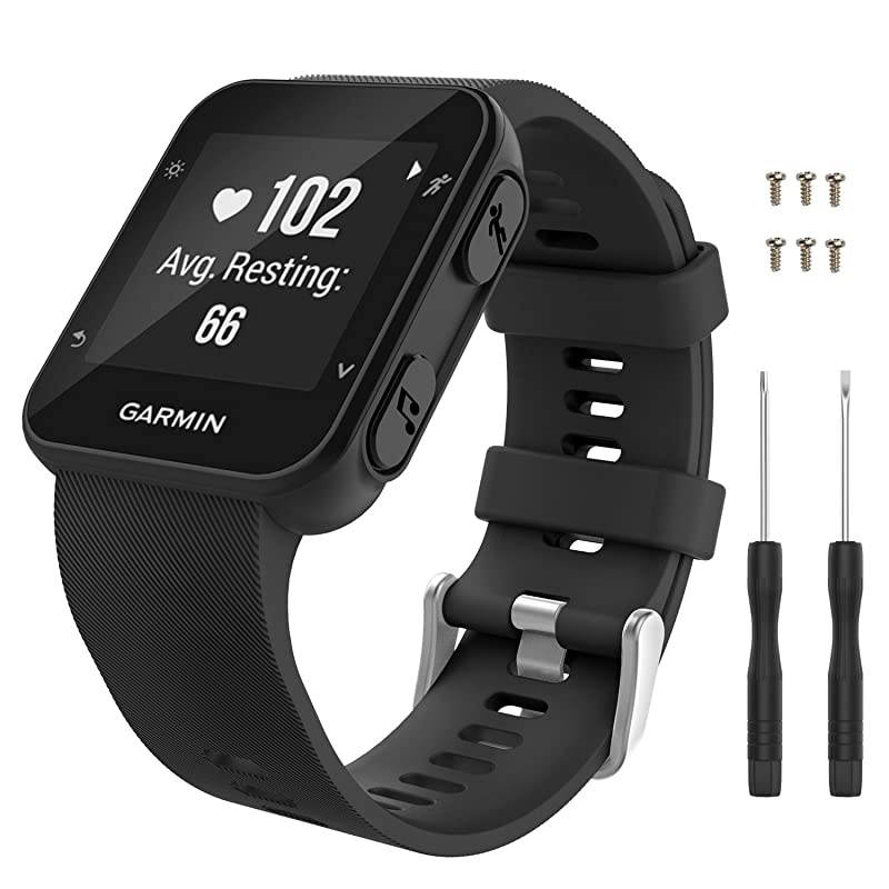 Watch Band Compatible with Garmin Forerunner 35 Soft Silicone Replacement Watch Band Sport Bracelet Strap with 6pcs Screws and 2pcs Screwdrivers fit Garmin Forerunner 35 GPS Running Black