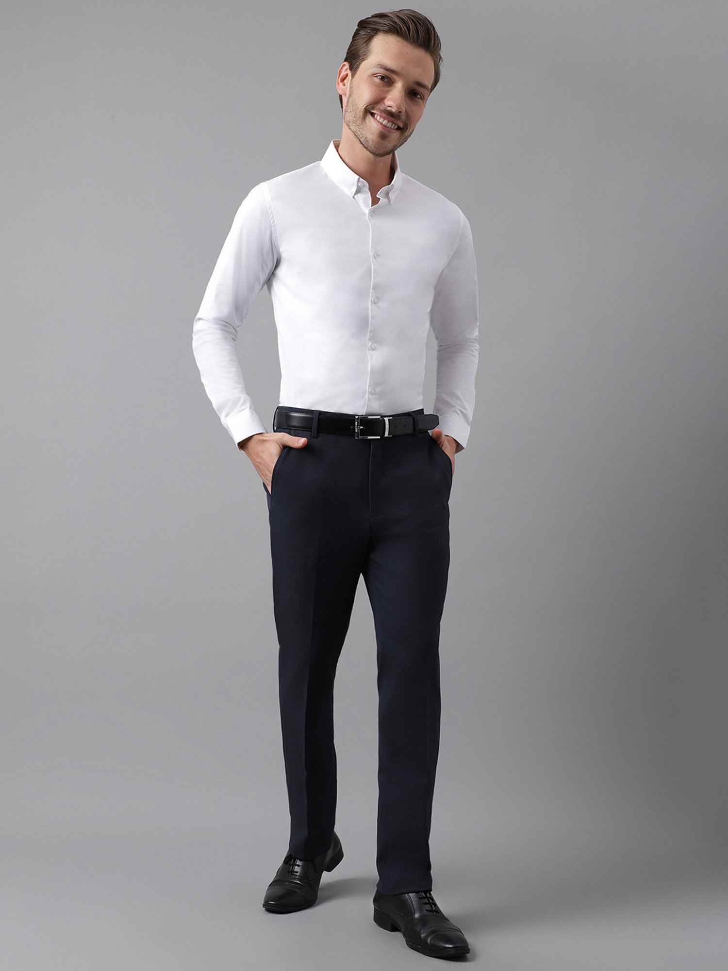 SUBTRACT Dark Blue Melange Slim Fit Flat Front Trousers