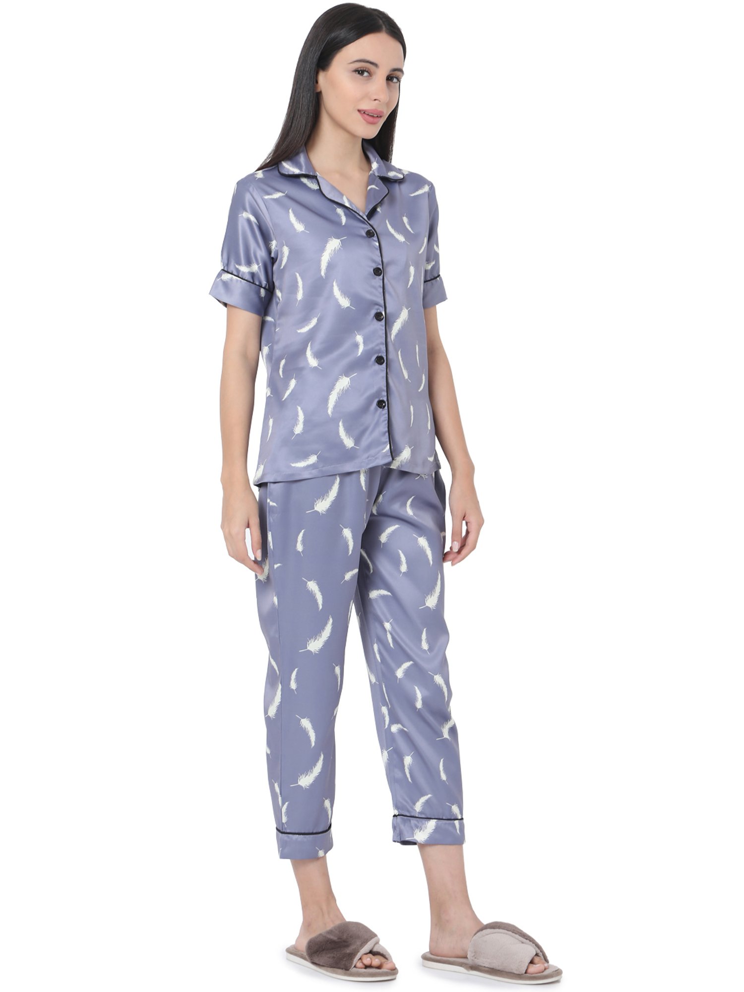 Smarty Pants Lavender & White Satin Print Shirt With Pyjamas