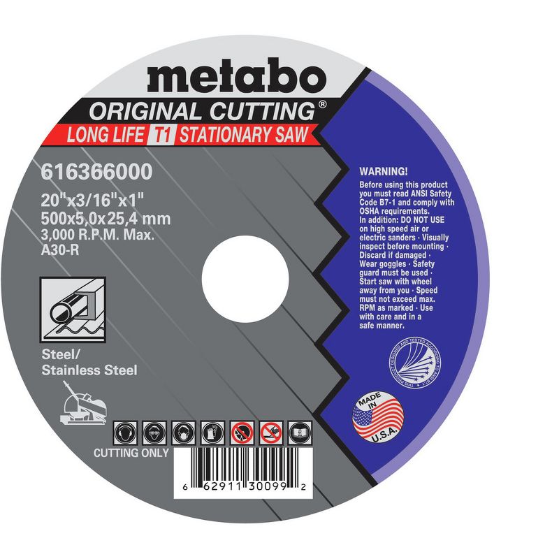 Metabo 616366000 20 in. x 3/16 in. A30R Type 1 Cutting Wheel (5 Pack)