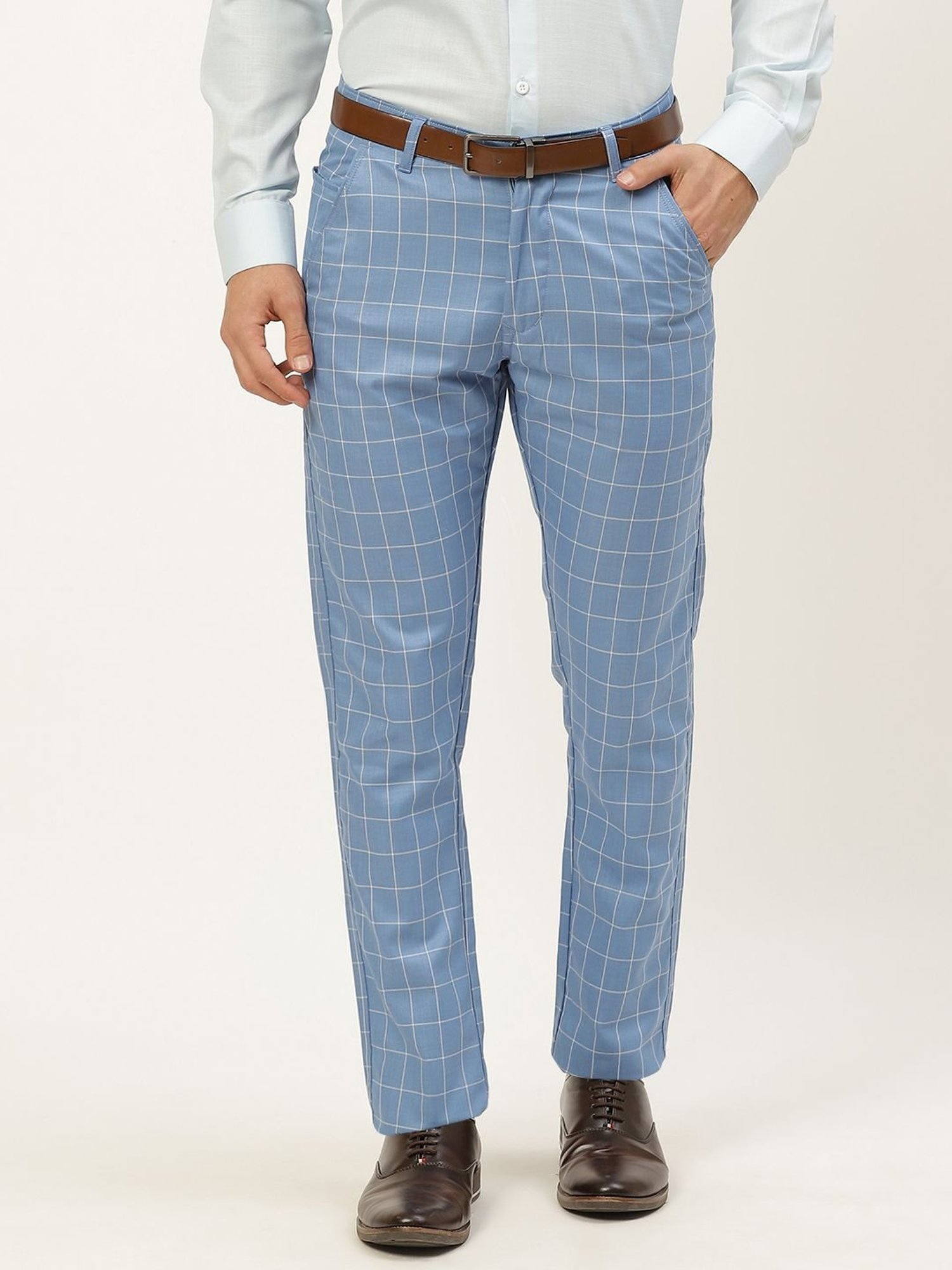 Sojanya Blue Cotton Regular Slim Fit Checks Flat Front Trousers