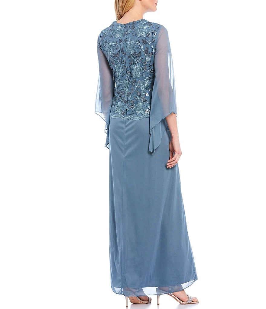 Kay Unger Long Bishop Sleeve V-Neck Crepe A-Line Dress