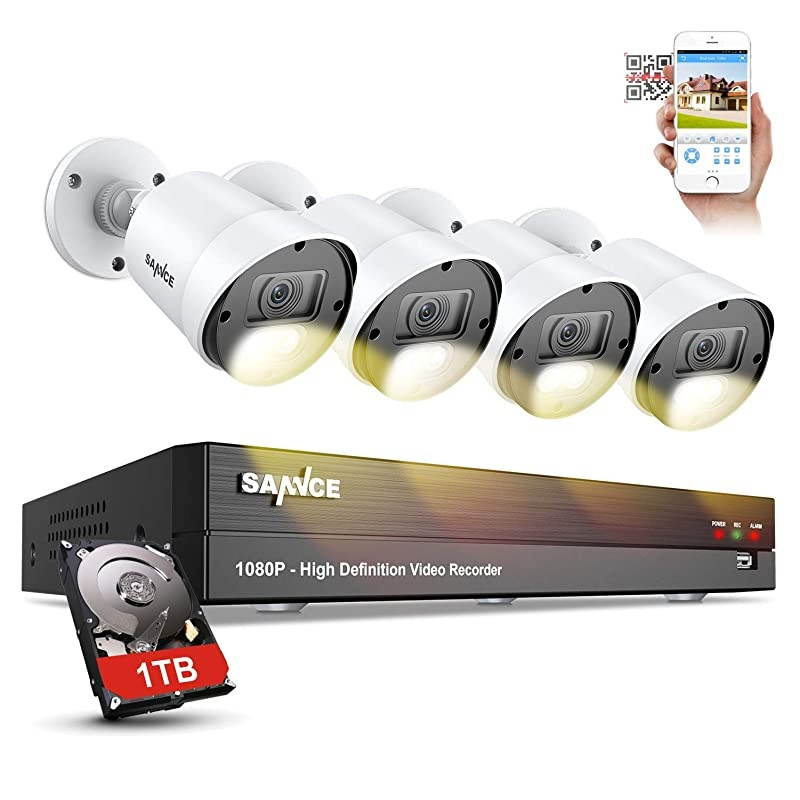 1080P Full Color Night Vision Surveillance System, 8CH 5MP-N Security Camera DVR 4Pcs 2MP Outdoor CCTV Camera with 2 x 3500K Warm Spotlight LED P2P Smart Motion Alert, 1TB HDD Included