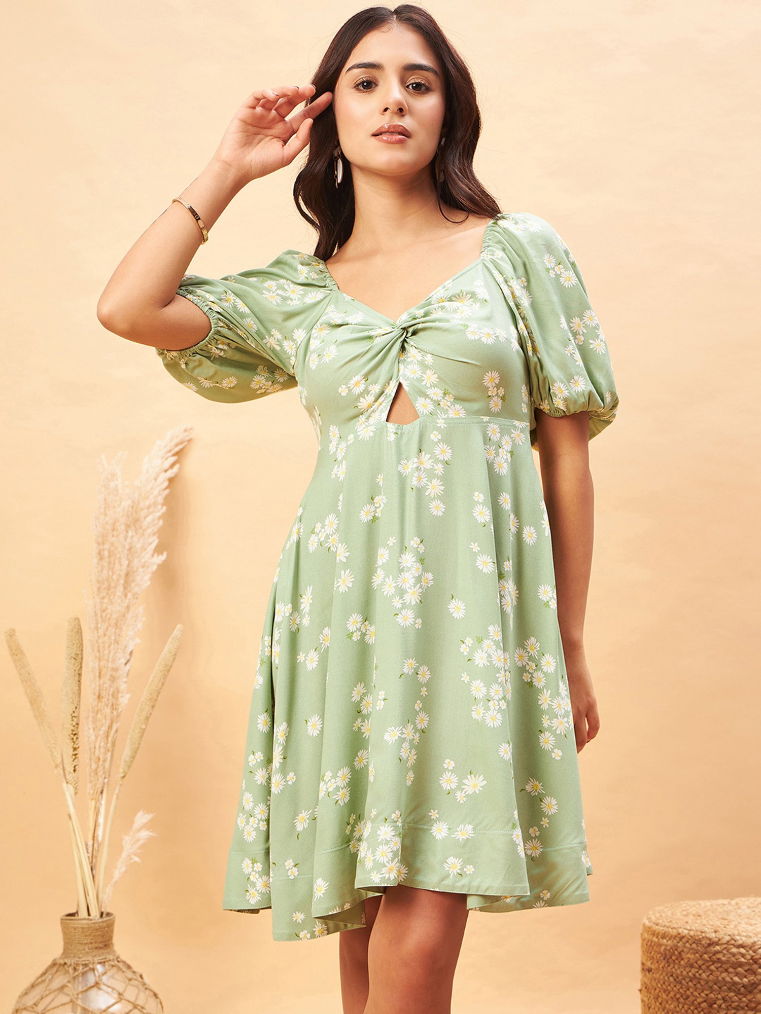 Magre Light Green Floral Print A Line Dress