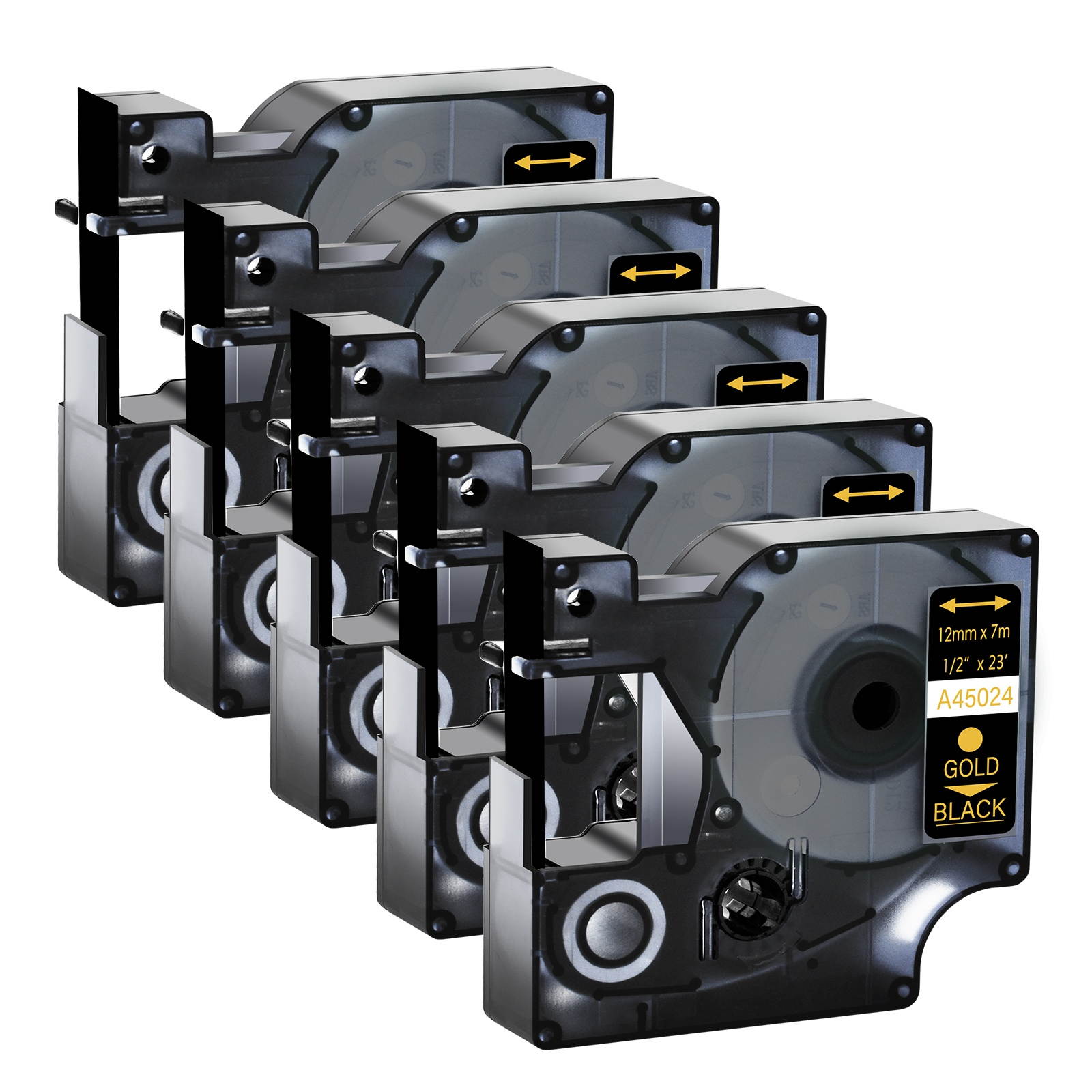 GREENCYCLE 5PK Gold on Black Label Tape for Dymo D1 45024 LabelManager LabelPoint LabelWriter 3M Label Maker (12mm x 7m)