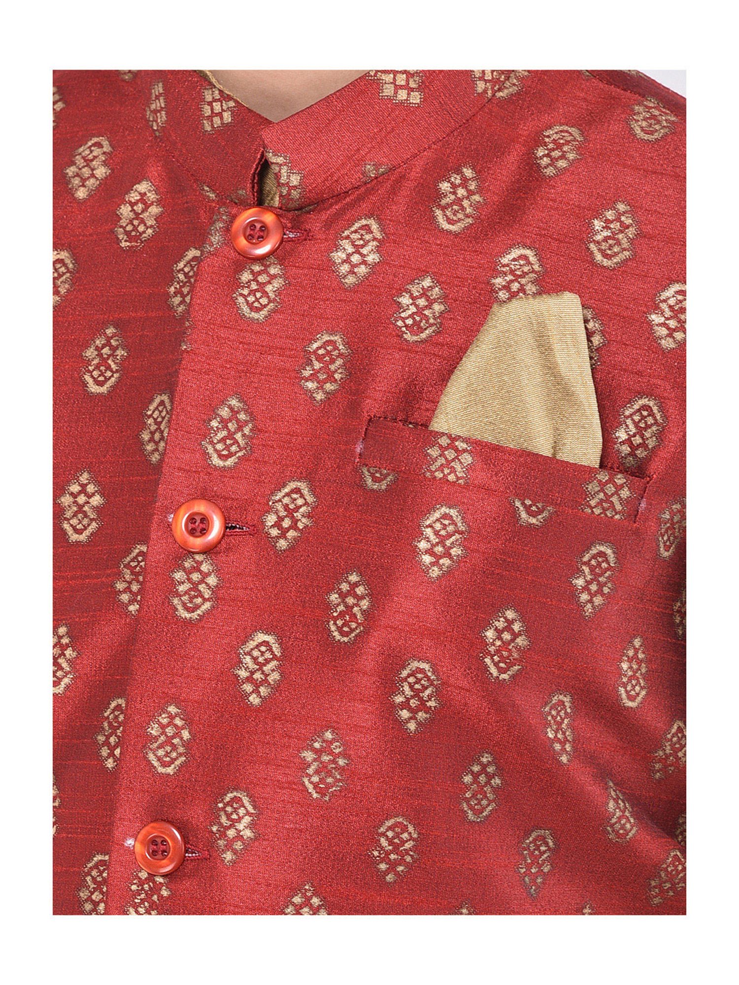 Deyann Kids Brown & Red Self Design Full Sleeves Kurta, Churidar Pants with Nehru Jacket