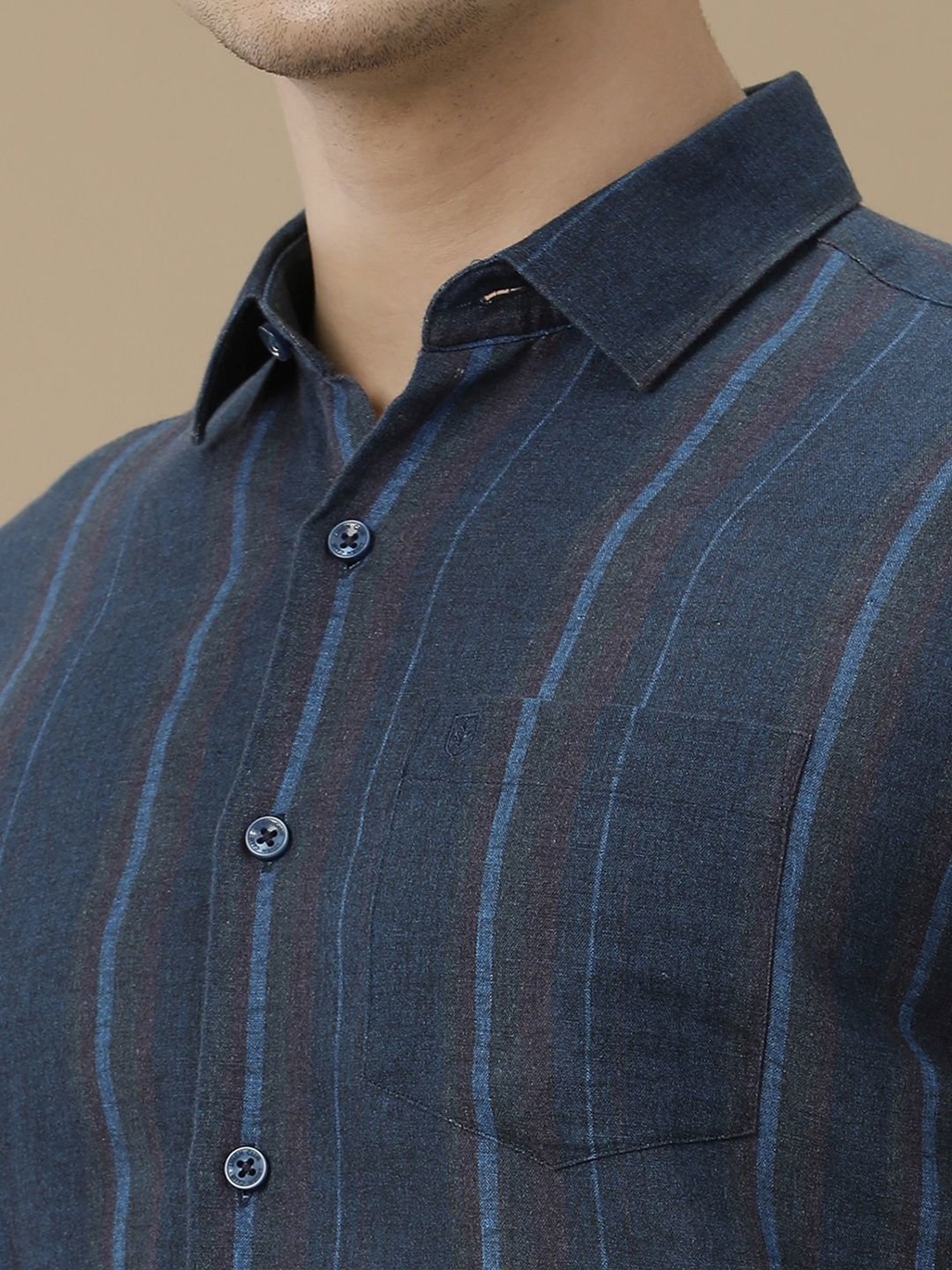 Linen Club Blue Linen Contemporary Fit Striped Shirt