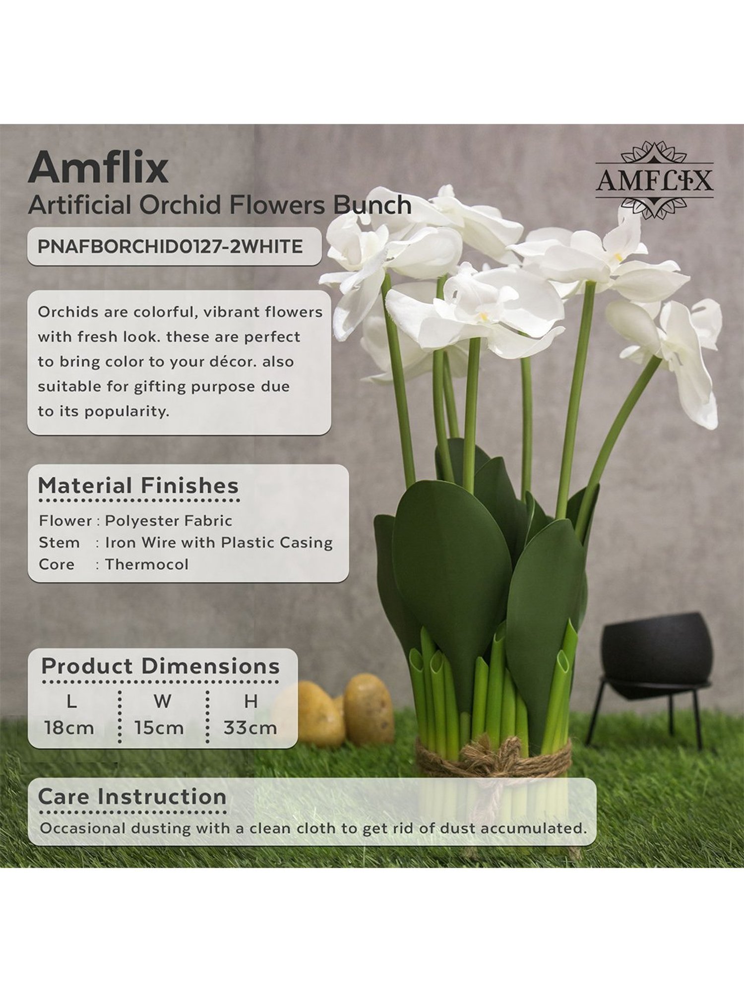 Amflix White Artificial Orchid Flowers Bunch