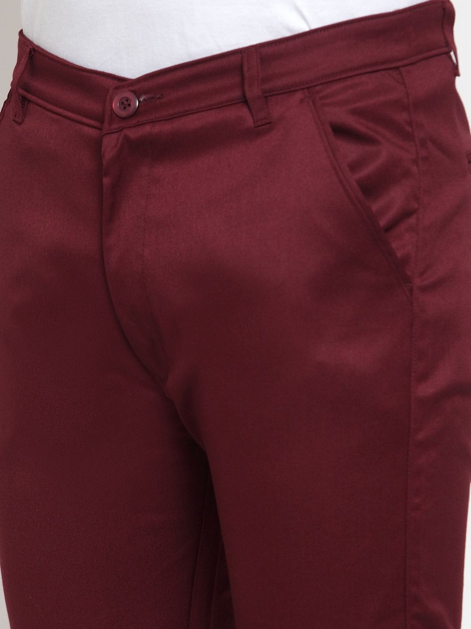 Jainish Maroon Cotton Tapered Fit Flat Front Trousers