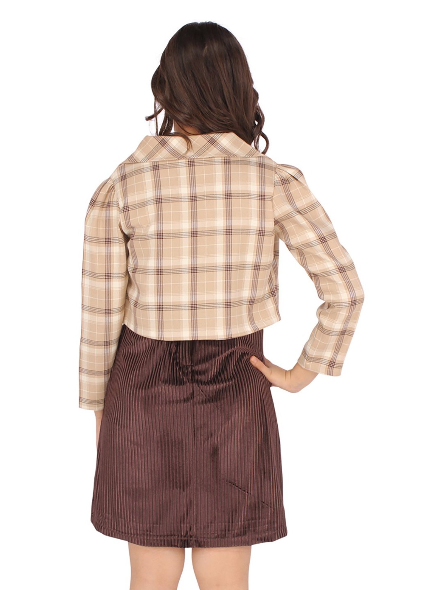 Cutecumber Kids Brown Checks Shift Dress, Shrug with Sling Bag