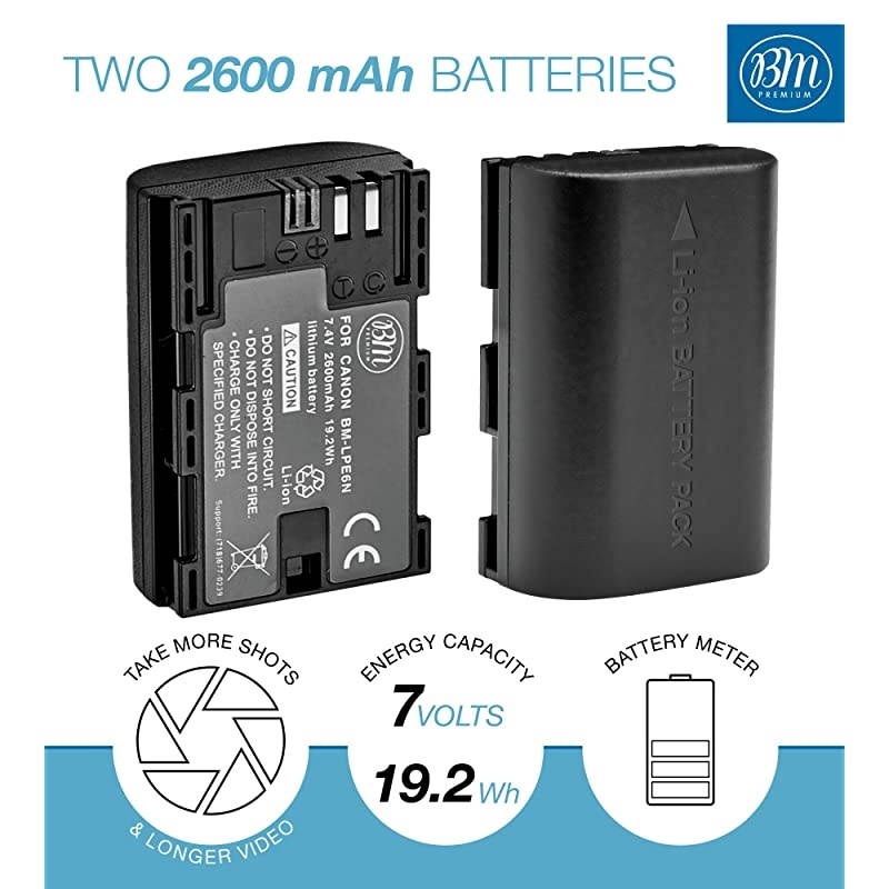 2 Pack LPE6N Batteries and Charger for Canon EOS R EOS 90D EOS 60D EOS 70D EOS 80D EOS 5D II EOS 5D III EOS 5D IV EOS 5Ds EOS 6D EOS 6D Mark II EOS 7D EOS 7D Mark II XC10 XC15 Camera