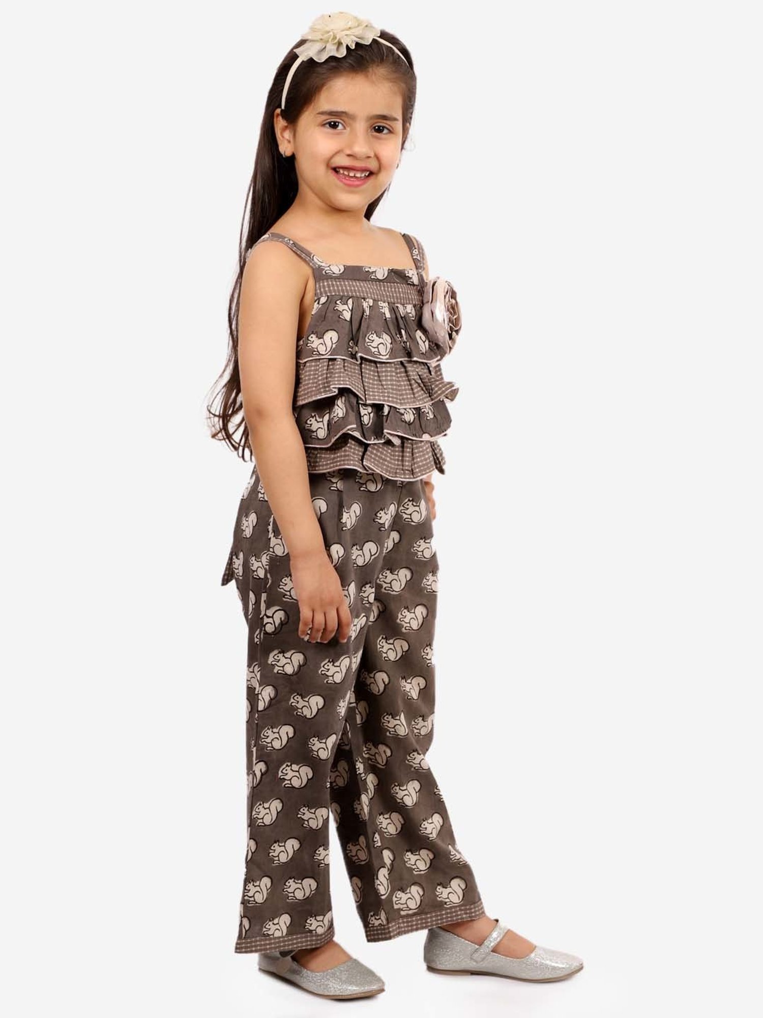 TWISHA Kids Brown Cotton Printed Jumpsuit