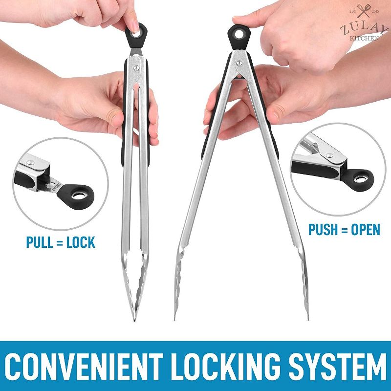 Zulay Kitchen Locking Stainless Steel Tongs - Scallop Head Edge Kitchen Tongs With Lock Mechanism (12 inch)