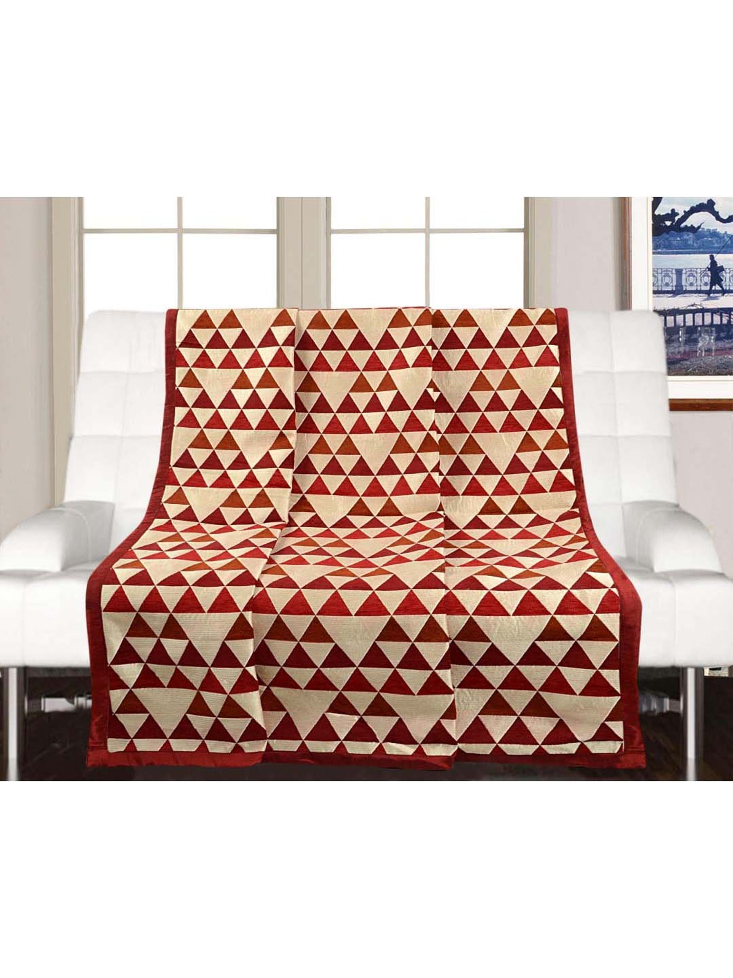 Saral Home Red & Beige Synthetic Chenille Decorative Reversible Sofa Cover - Set of 1