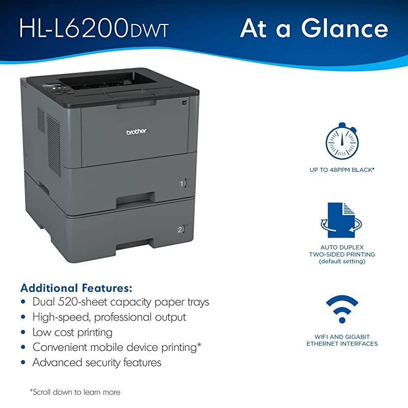HL-L6200DWT Wireless Monochrome Laser Printer with Duplex Printing and Dual Paper Trays ( Dash Replenishment Ready)
