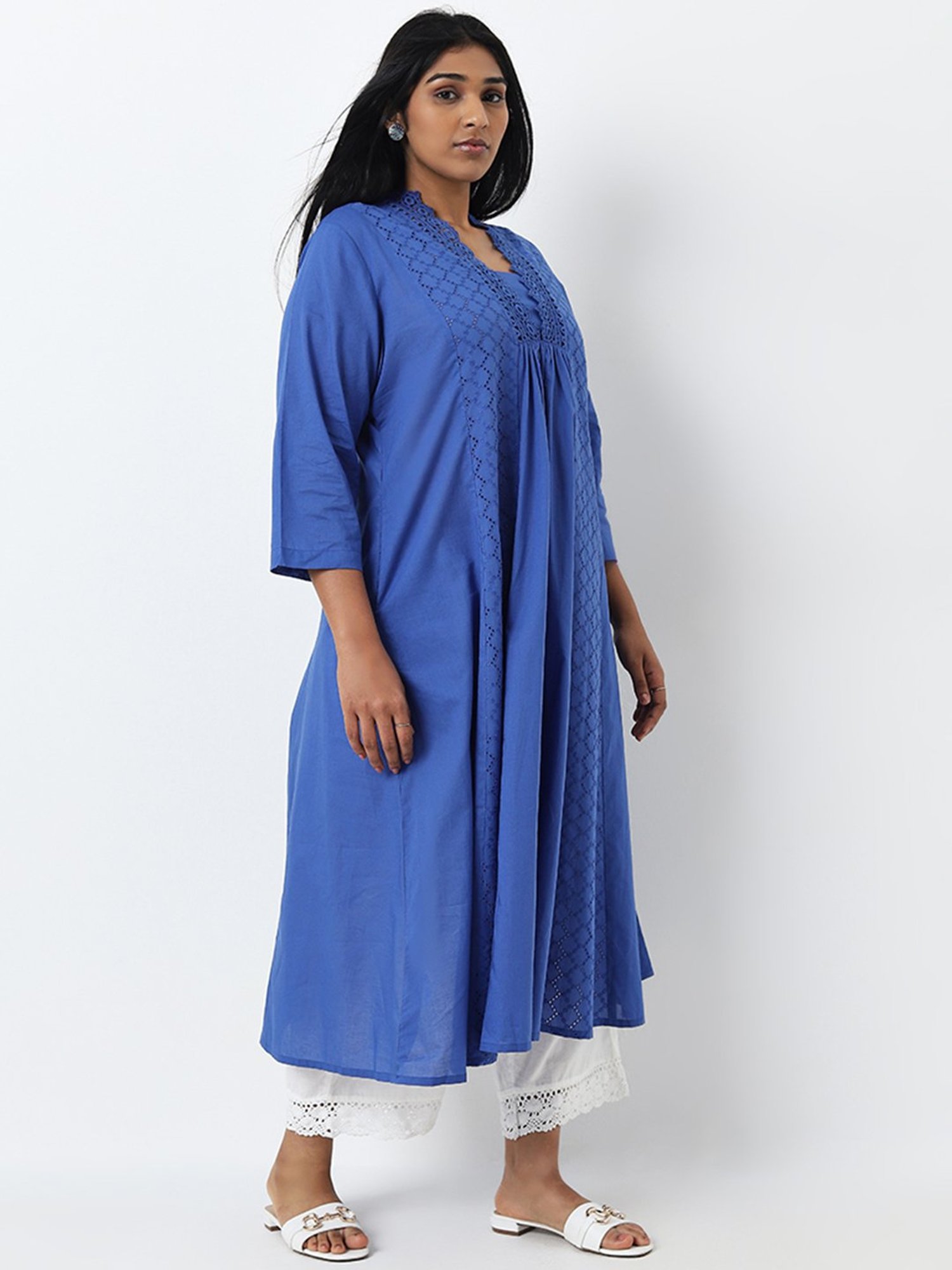 Diza by Westside Blue Schiffli Design A-Line Cotton Kurta