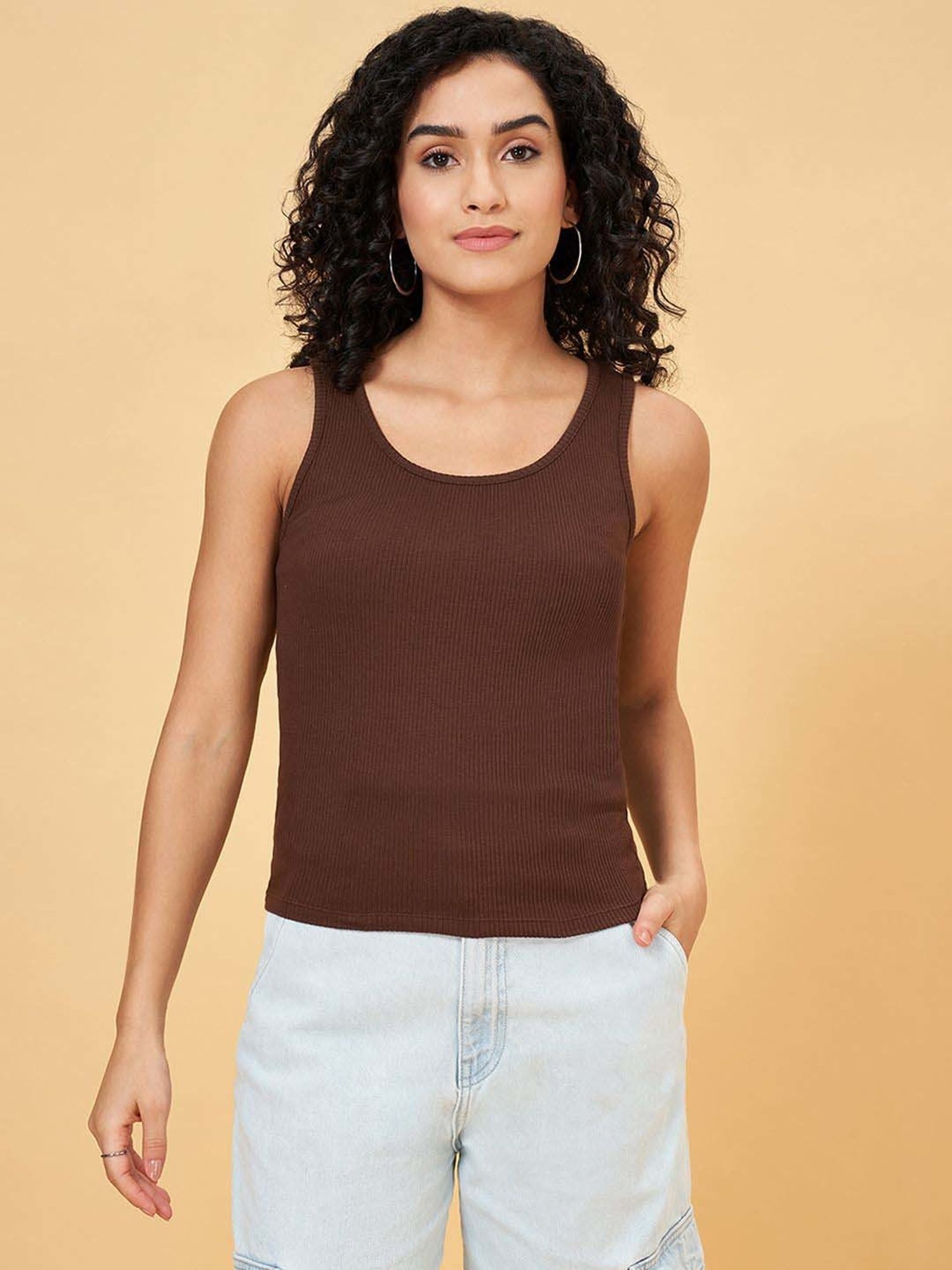 People by Pantaloons Brown Plain Tank Top