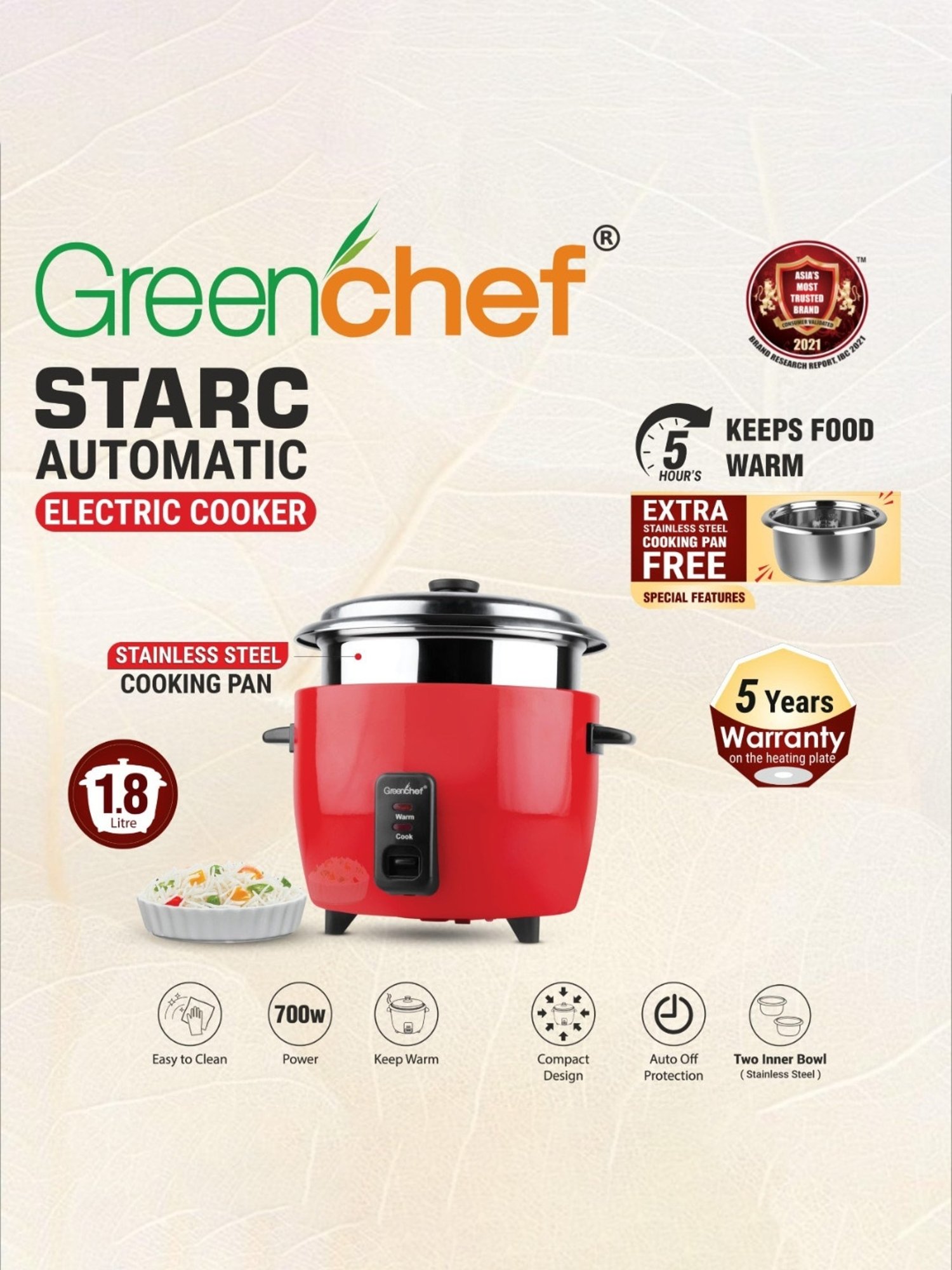 Pigeon Rice Cooker 700W, 1.8L with Single pot & Measuring Cup (Red)