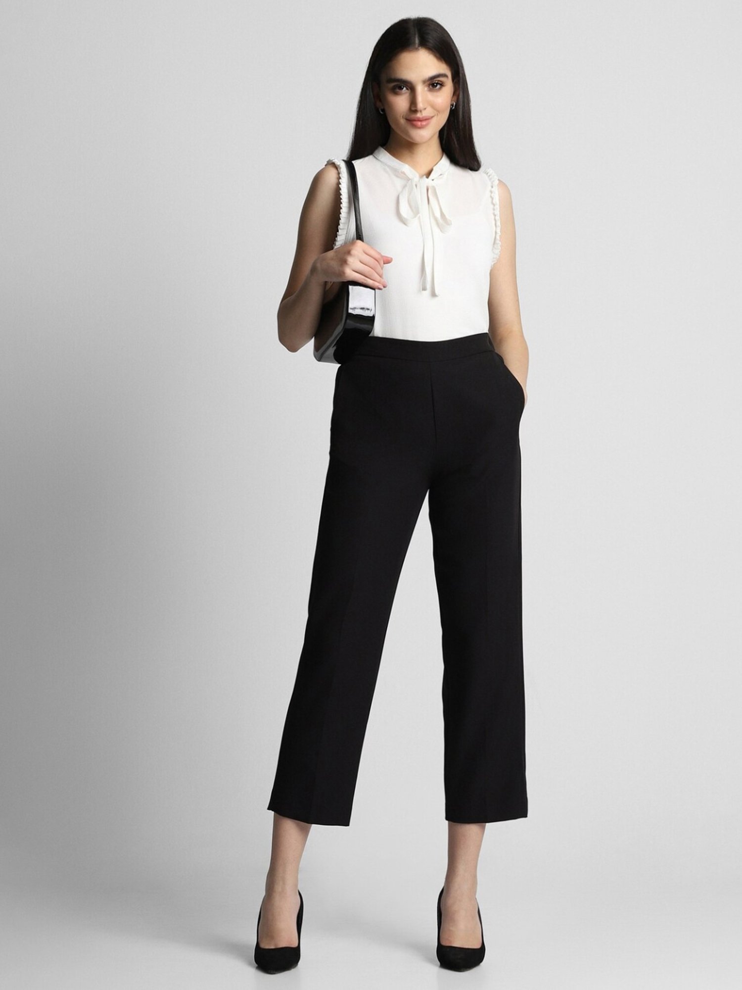 Crozo By Cantabil Black Checks Regular Fit Mid Rise Trousers