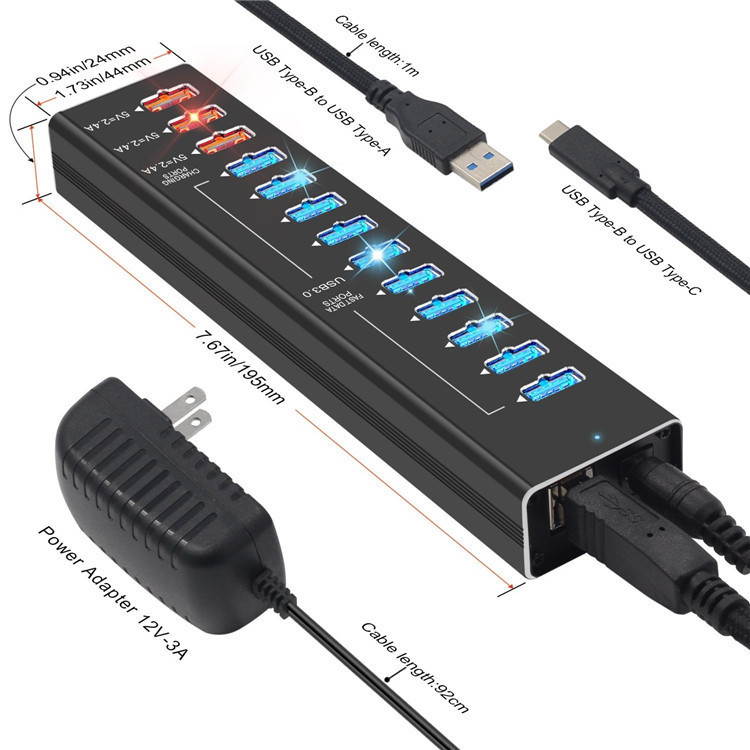 STANSTAR USB Hub, All Aluminum Alloy 13 Port Hub with 3 Port Smart Fast Charge Super High Speed USB3.0 Interface Plug and Play