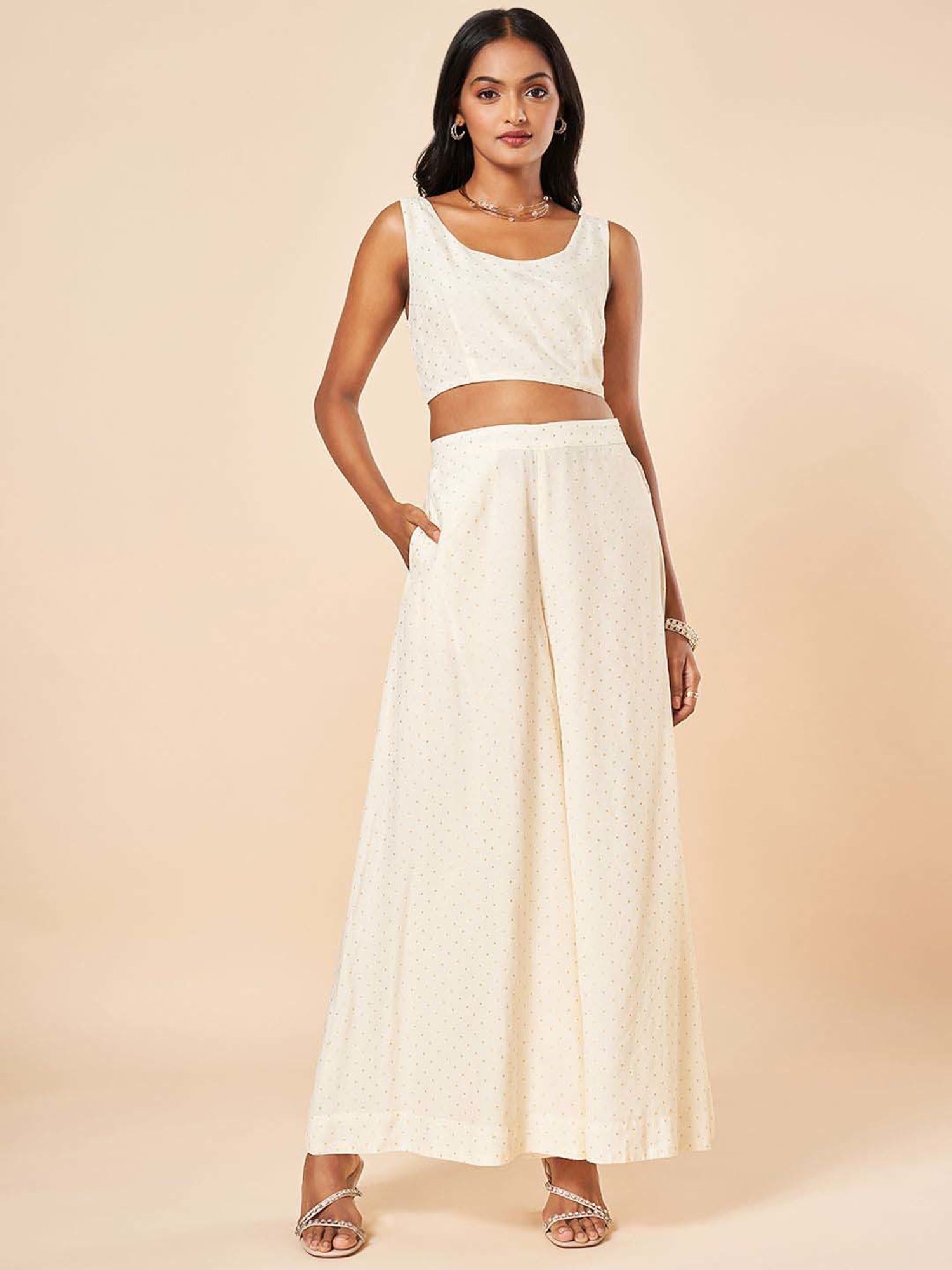 Marigold Lane White Embroidered Crop Top Palazzo Set With Cape