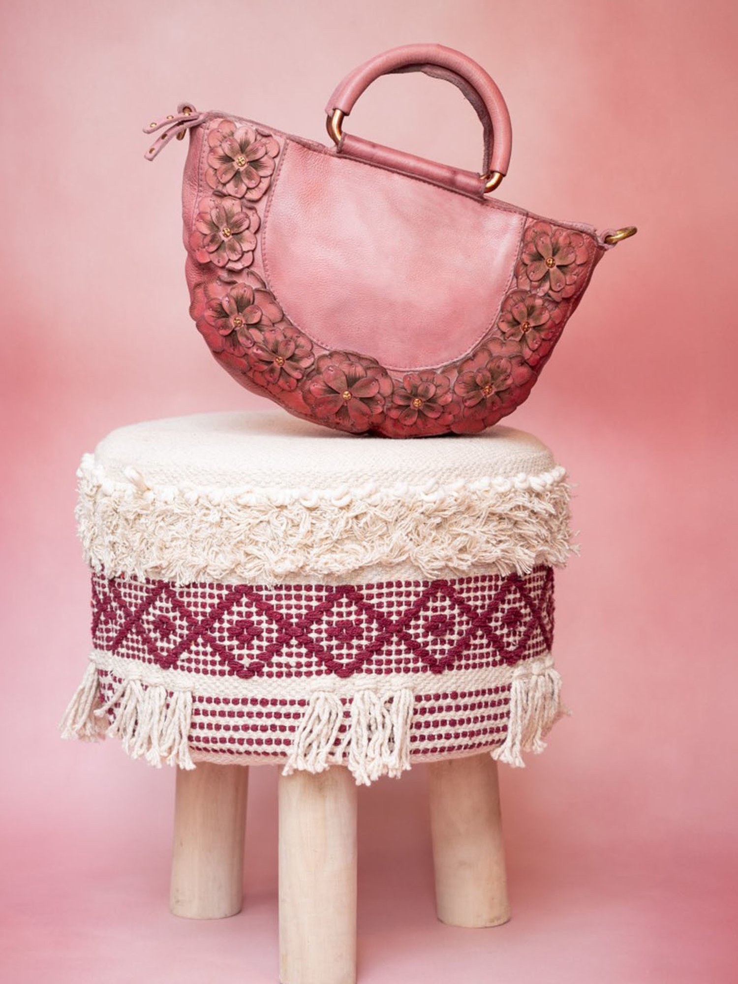 Art N Vintage Roseate Rose Pink Leather Floral Medium Handbag