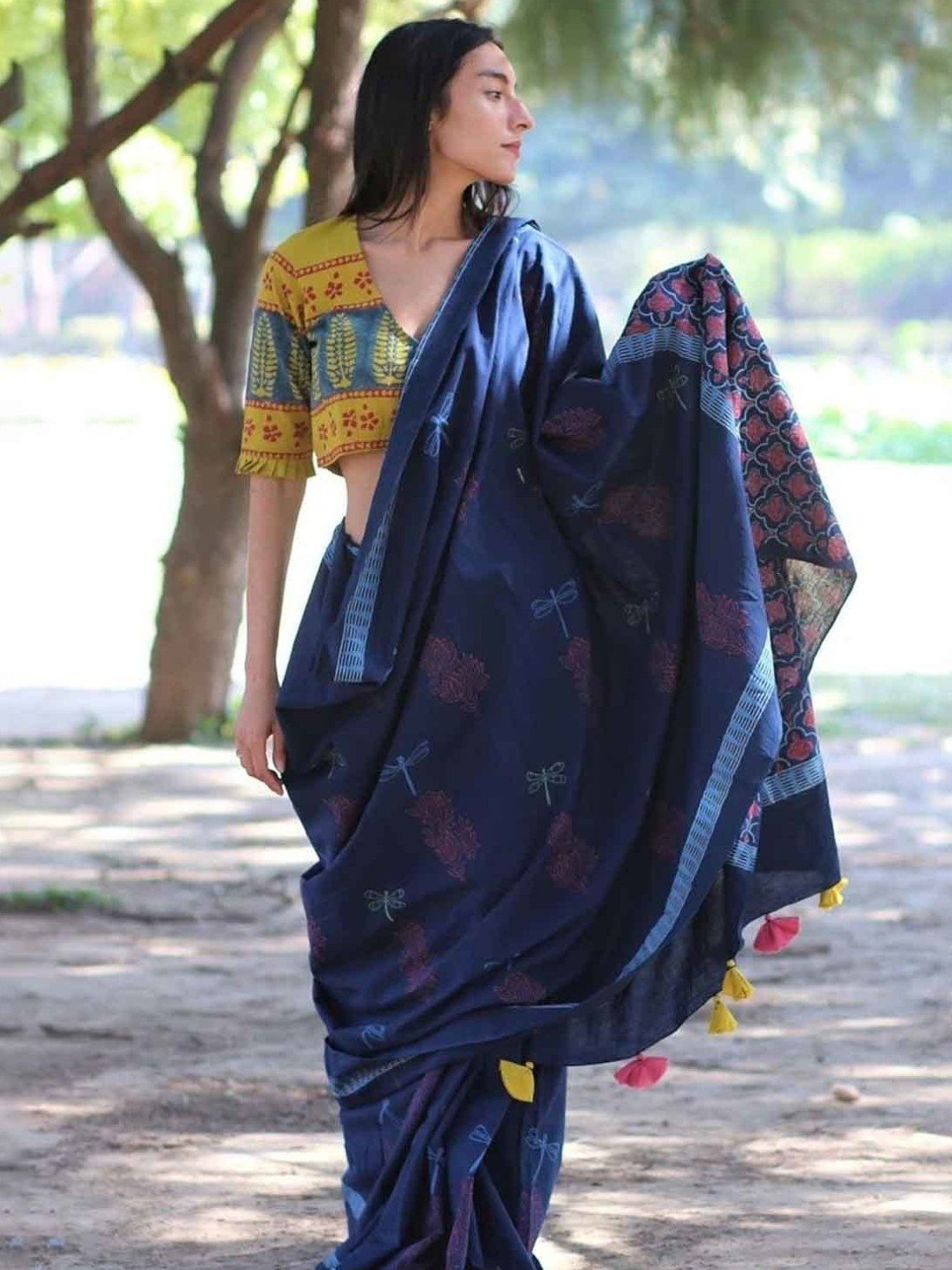 Chidiyaa Blue Block Printed Cotton Mul Saree