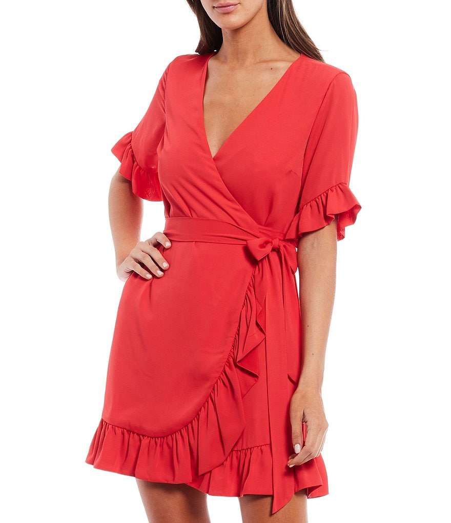 Gianni Bini Lauren Ruffle Trim Sleeve V-Neck Wrap Dress