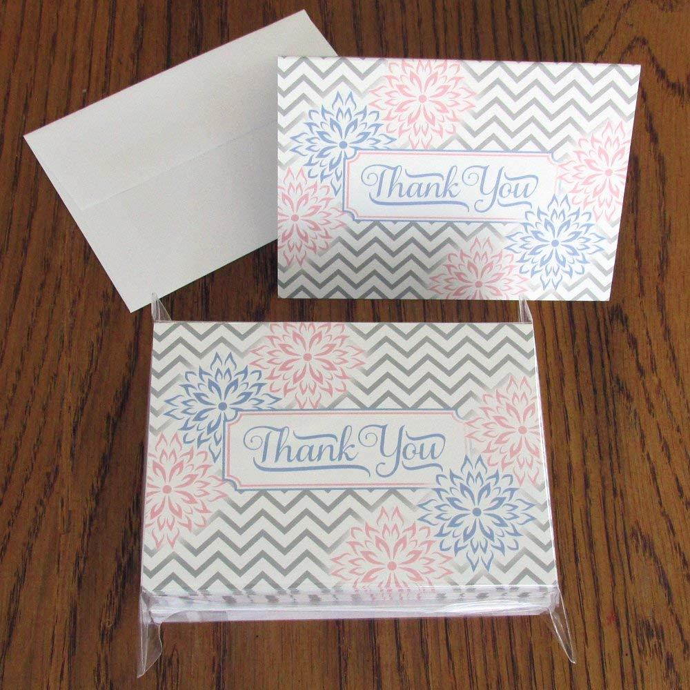 Thank You Cards (Set of 25 with Envelopes) - Chevron and Floral Style - Premium Quality - Classic Design - Prefolded Foldover