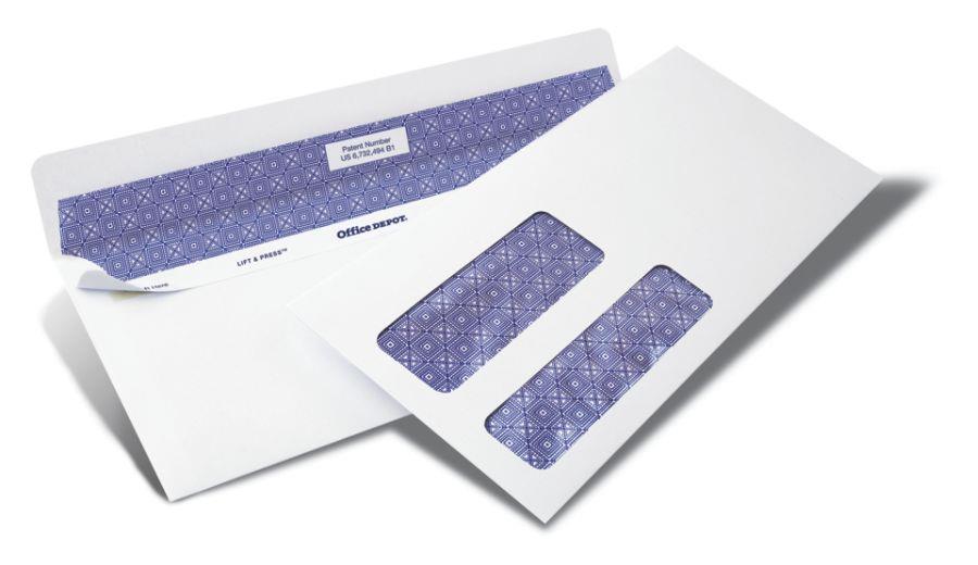 Office Depot 100% Recycled Lift  Press(TM) Double-Window Envelopes, #10 (4 1/8in. x 9 1/2in.), White, Box Of 500, 76133