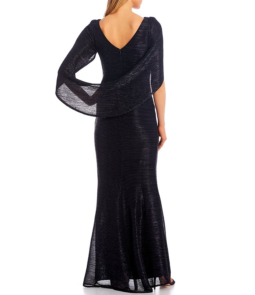 Betsy & Adam Drape Back Metallic Crinkle Mermaid Gown