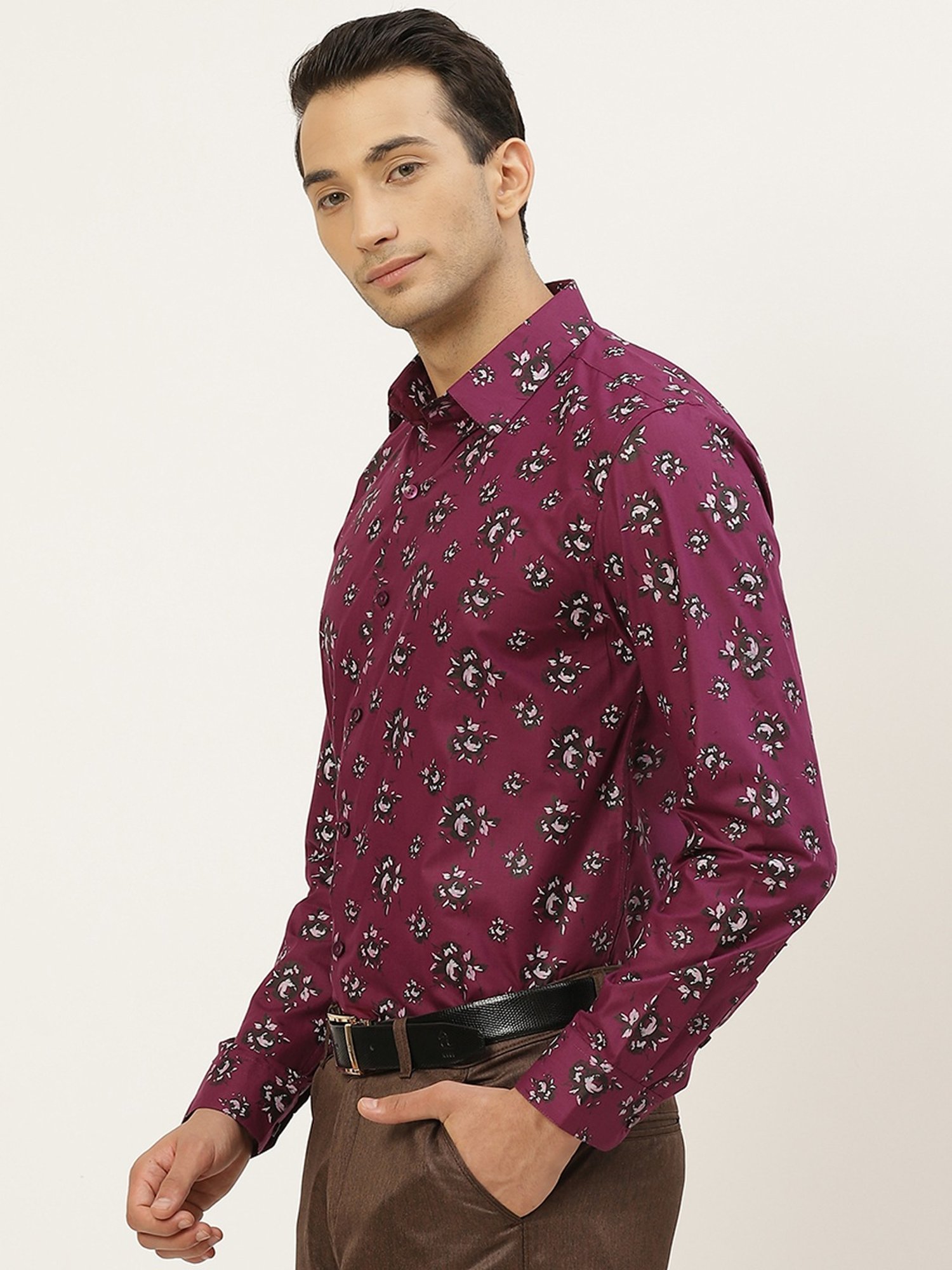 Sojanya Magenta Cotton Regular Fit Floral Print Shirt