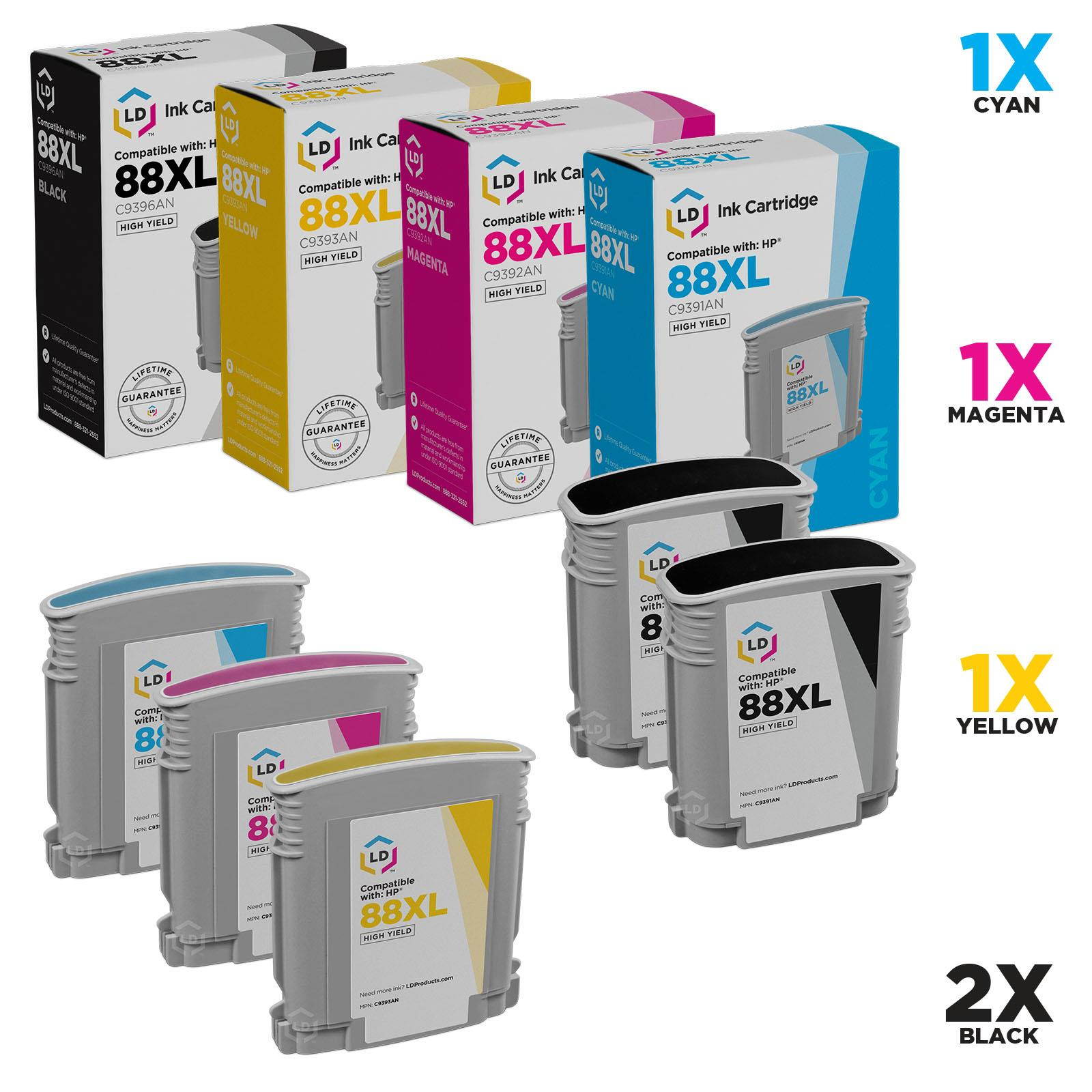 LD &copy; Remanufactured Replacements for Hewlett Packard 88XL / 88 5PK HY Ink Cartridges Includes: 2 C9396AN Black, 1 C9391AN Cyan, 1 C9392AN Magenta, & 1 C9393AN Yellow for use in HP OffieJet Pro