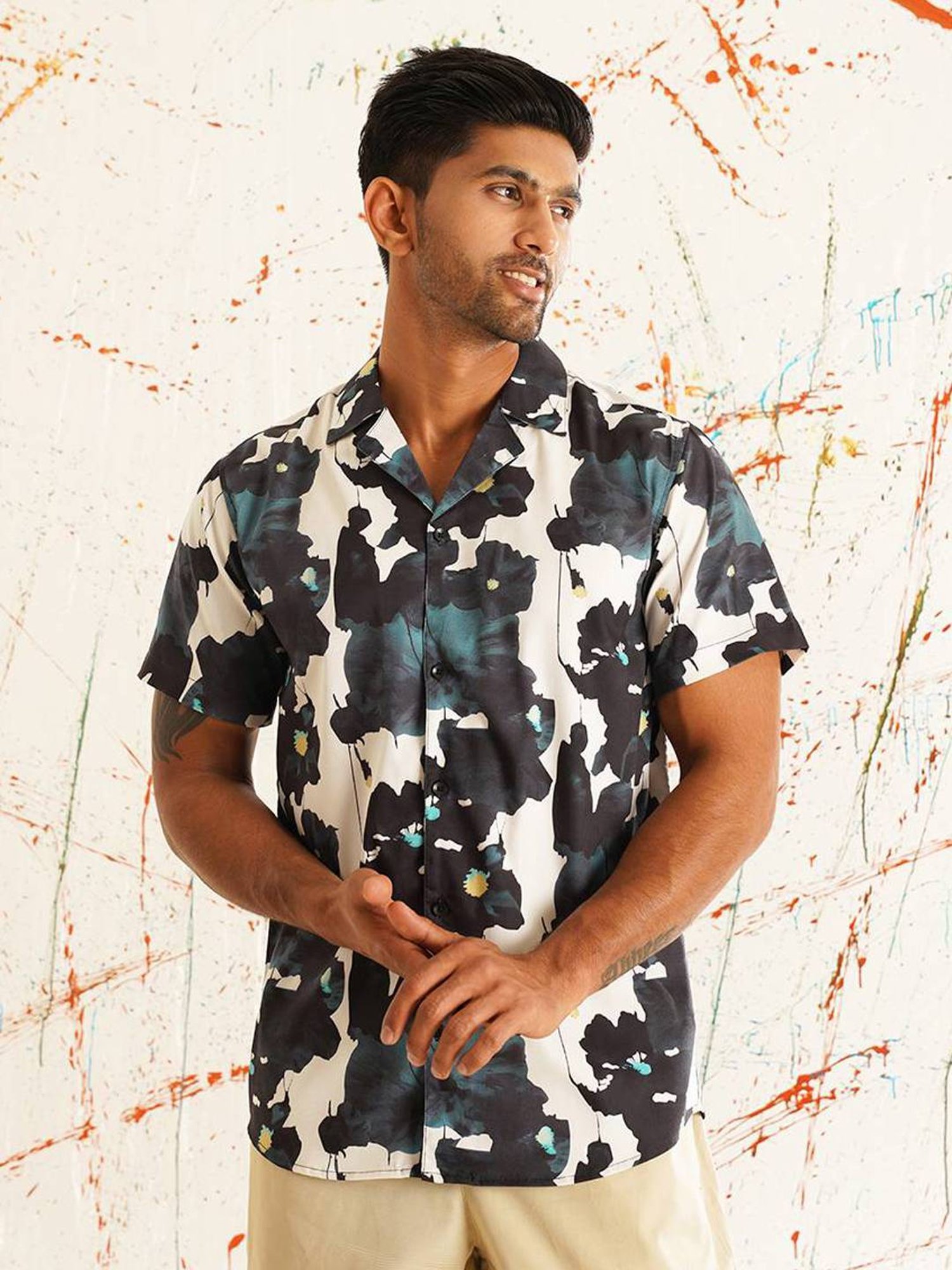 Indian Needle Teal Regular Fit Printed Shirt