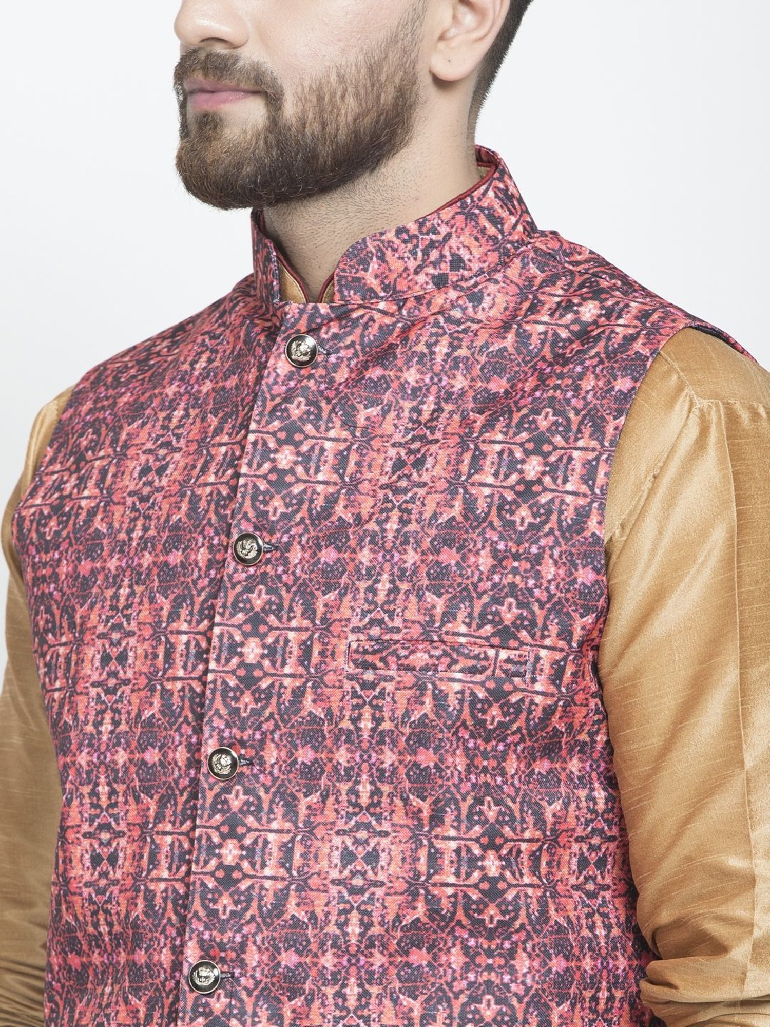 Benstoke Copper & Coral Red Regular Fit Printed Kurta Set With Jacket