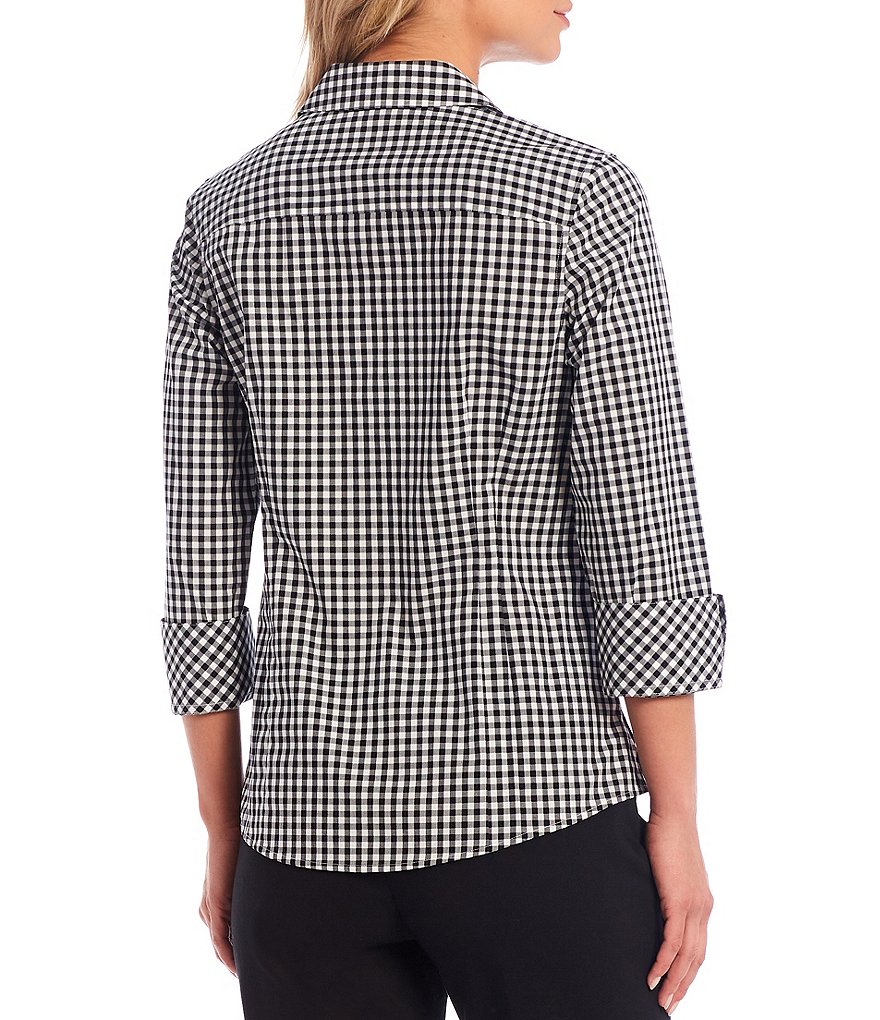 Investments Taylor Gold Label Non-Iron Y-Neck 3/4 Sleeve Button Front Gingham Shirt