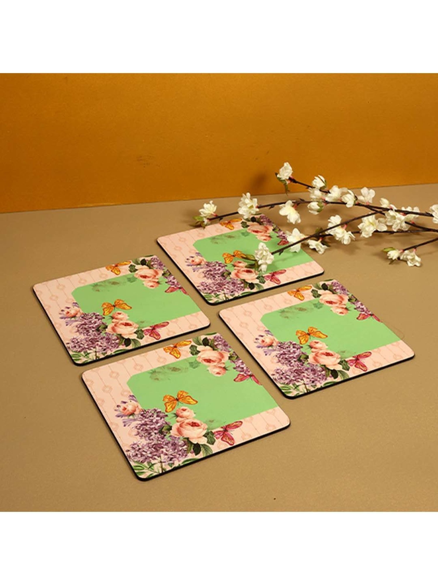 ICRAFT Groovy Mint Series Green & Beige Mdf Trivet - Set of 4