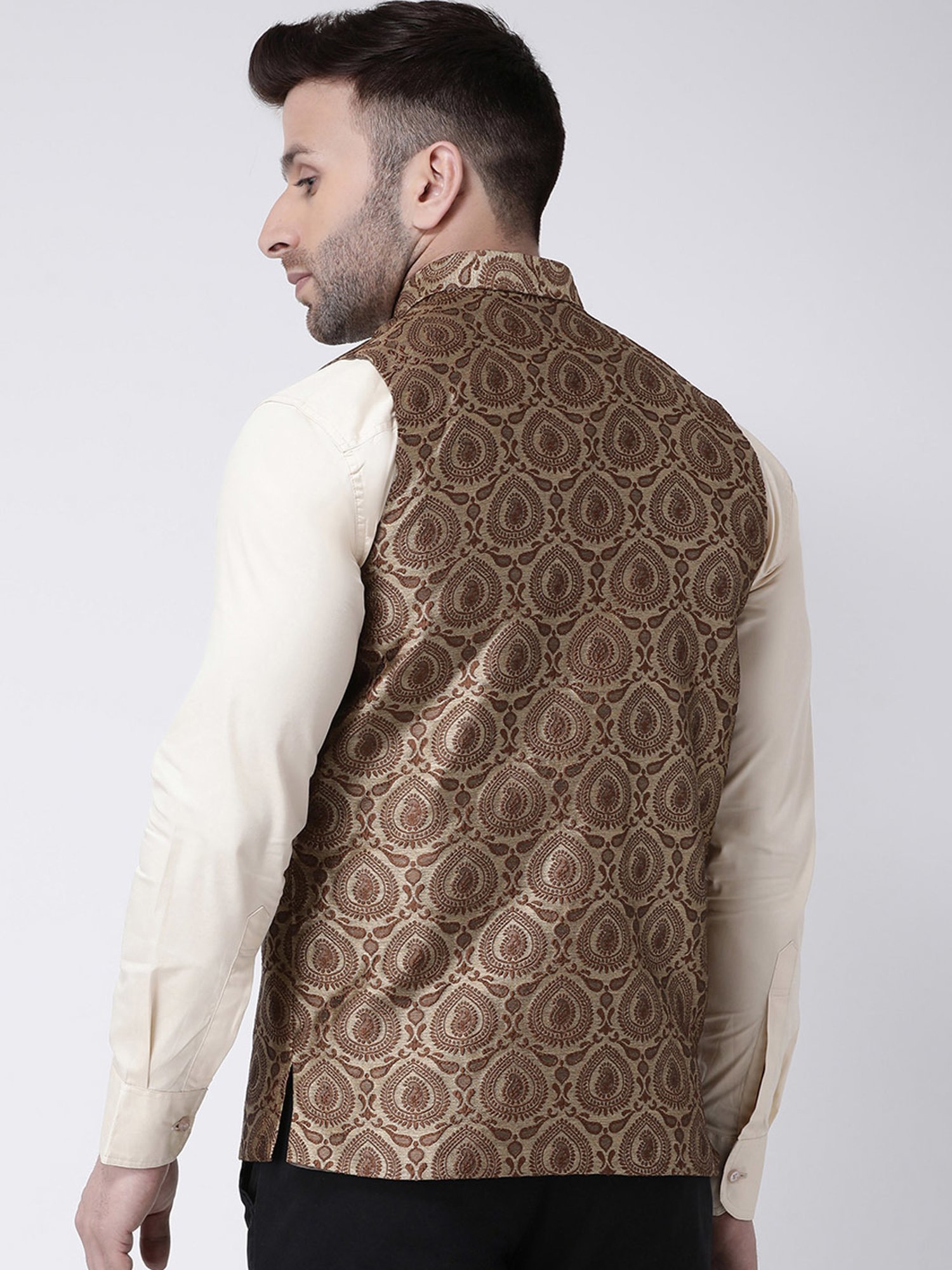Hangup Plus Brown Regular Fit Jacquard Nehru Jacket
