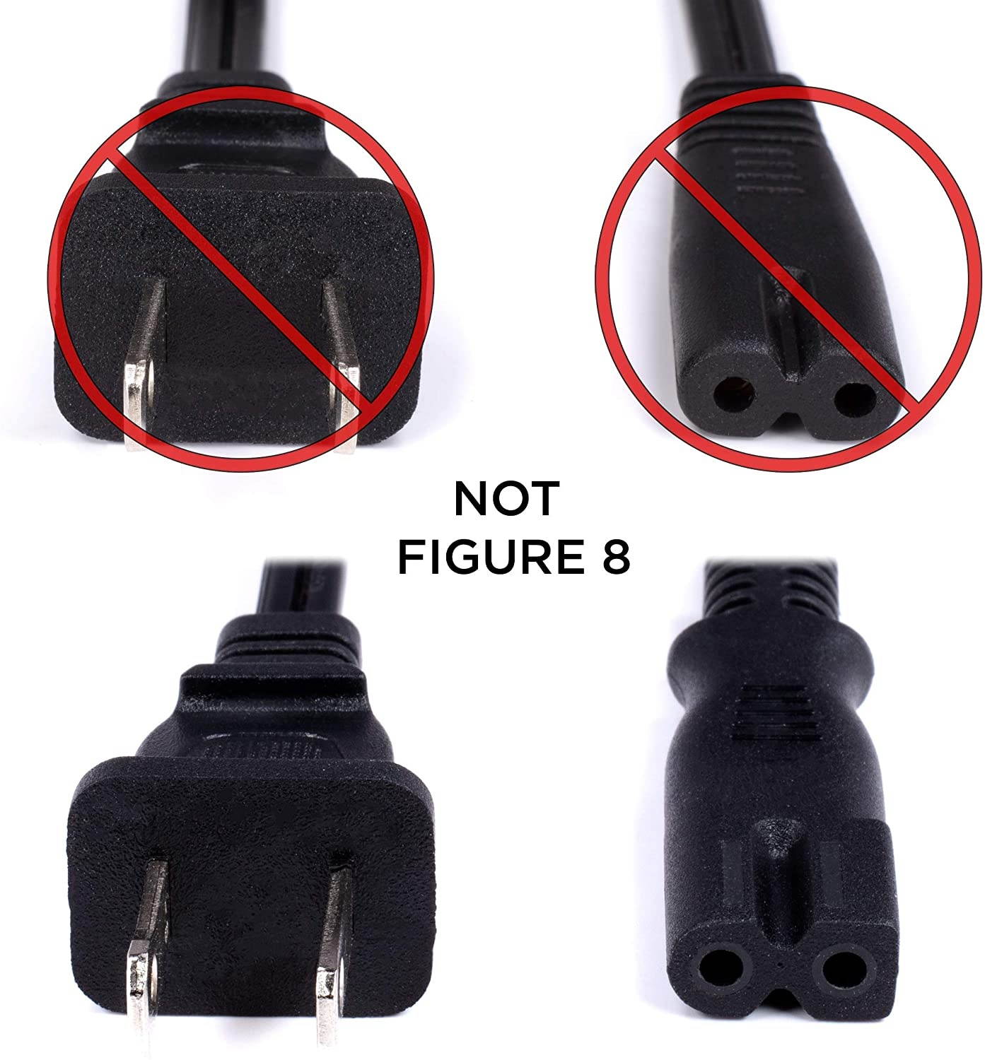 2 Prong Power Cord with Premium Quality Copper Wire Core - Polarized (Square/Round) for Satellite, CATV, Motorola & PS } NEMA 1-15P to C7 / IEC320 - UL Listed - Black, 15ft Power Cable