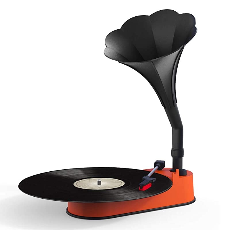 Record Player with Horn Speaker for 3345 RPM RecordsMini Gramophone Supporting Bluetooth Playback Orange