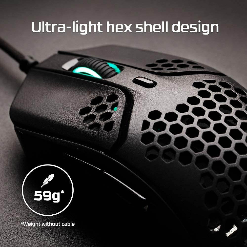 HyperX Pulsefire Haste &ndash; Gaming Mouse, Ultra-Lightweight, 59g, Honeycomb Shell, Hex Design, RGB, HyperFlex USB Cable, Up to 16000 DPI, 6 Programmable Buttons