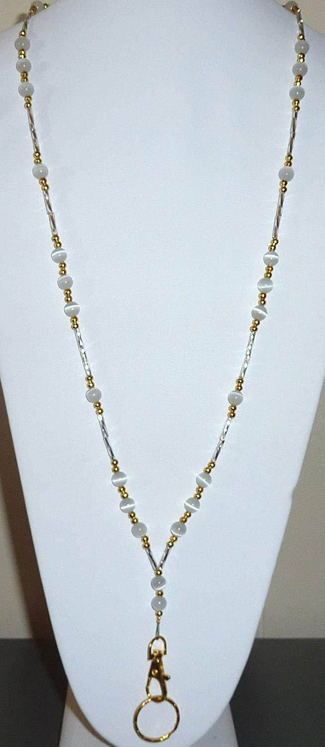 Hidden Hollow Beads, Simple Black, Women's Fashion Beaded Lanyard Necklace, 34", Key and ID Badge holder (Simple White GOLD - Non Breakaway (stronger))