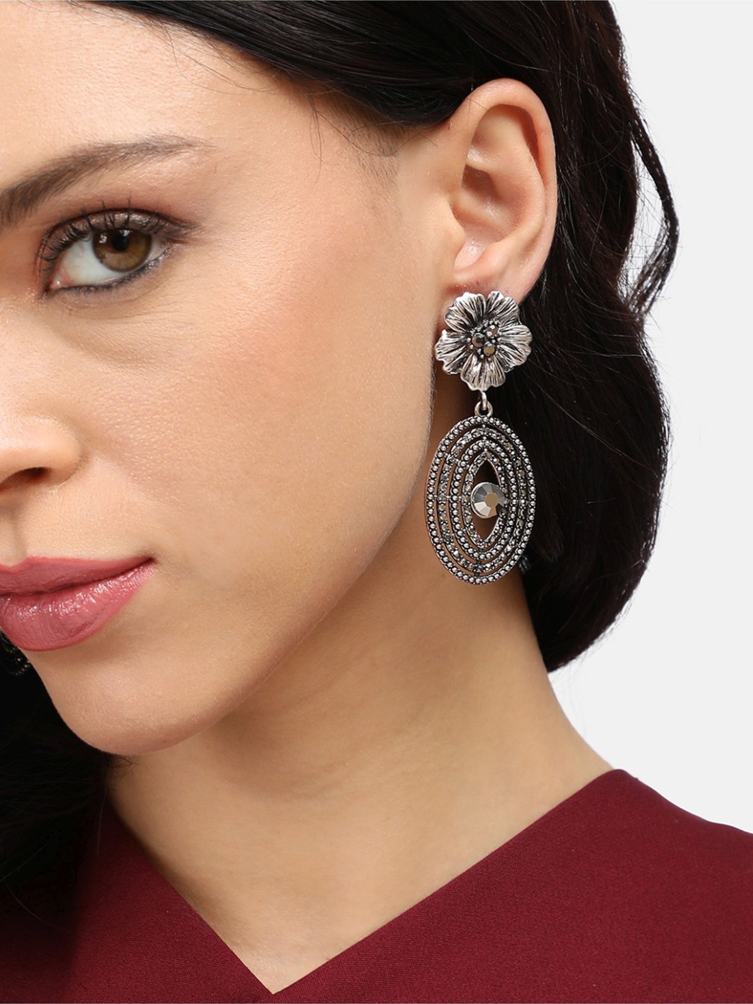 Sohi Circular Lined Daisy Silver Dangler Earrings for Women & Girls