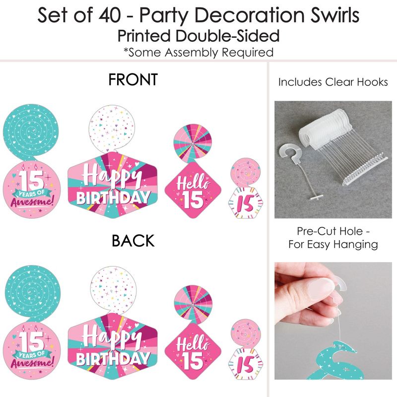 Big Dot of Happiness Girl 15th Birthday - Teen Birthday Party Hanging Decor - Party Decoration Swirls - Set of 40