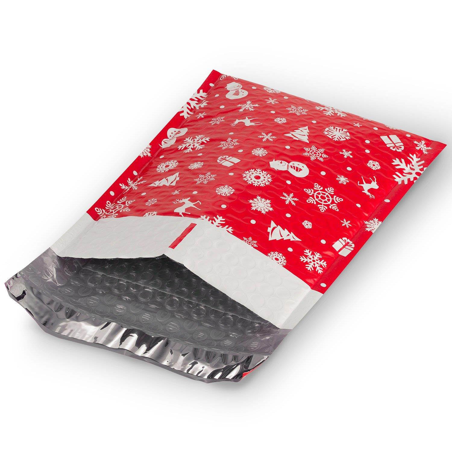 Fosmon #0 Christmas Poly Bubble Mailer 6.5 x 10, Extra Wide Water Resistant Padded Shipping Envelopes - Xmas Red White Snow (100 Pack)