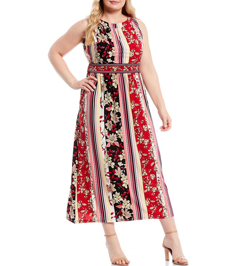 London Times Plus Size Floral Printed Matte Jersey Halter Keyhole Neck Maxi Dress