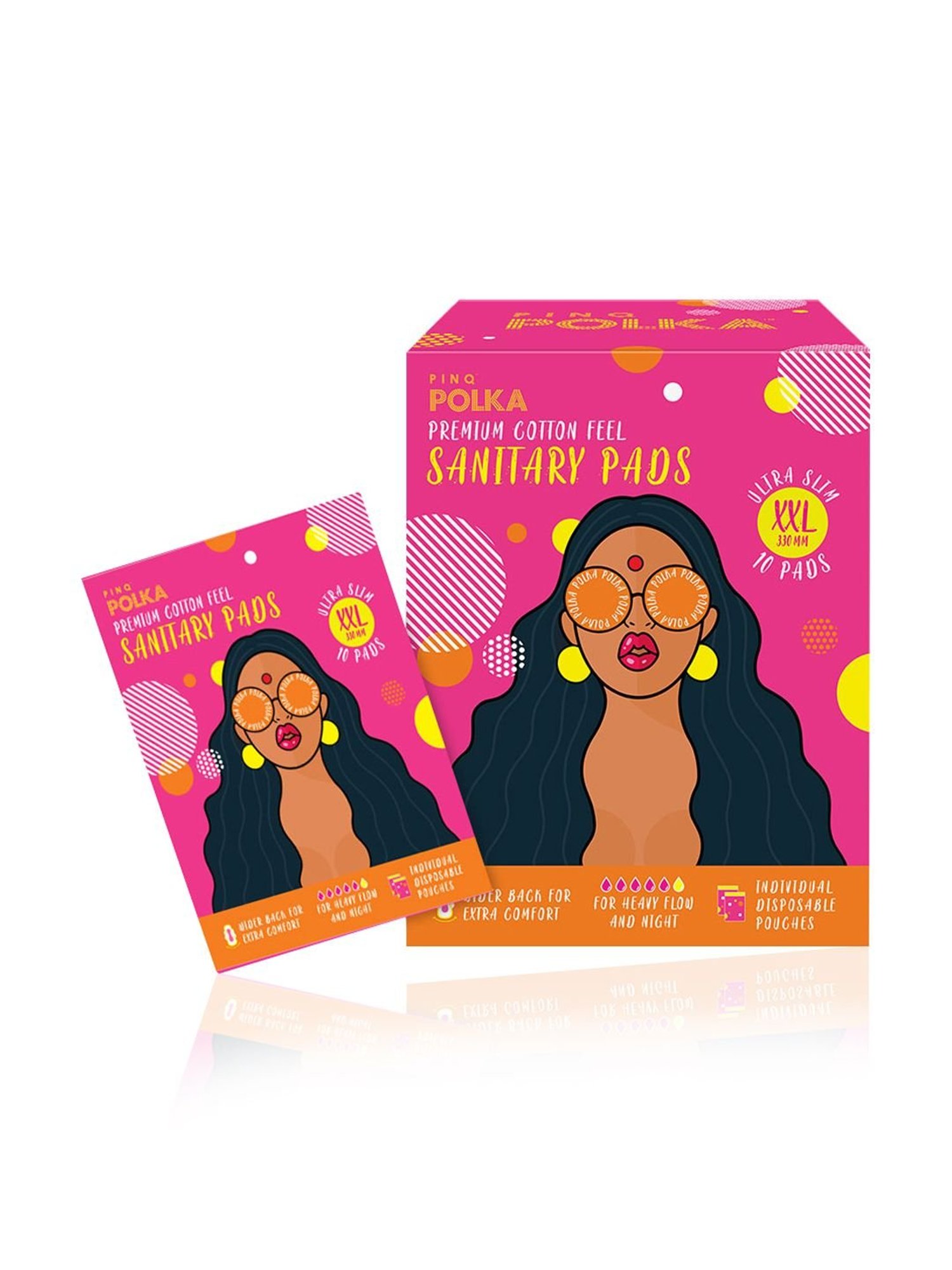 PINQ Polka Organic Cotton Ultra Sanitary Pads XXL with Disposable Biodegradable Pouch,Pack of 10